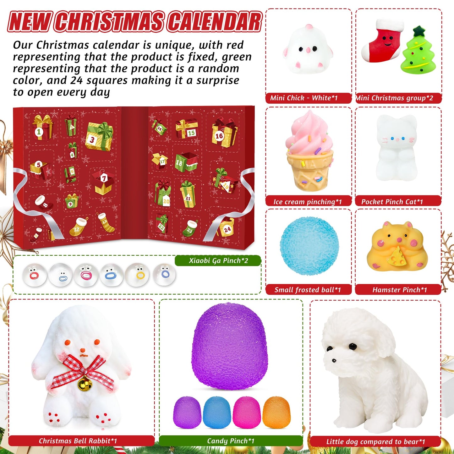 Advent Calendar 2025, 24 Days of Christmas Countdown Calendar for 24 Kawaii Squishies Toys, Surprises Sensory Fidget Toys for Kids & Adult, Christmas Party Favors Gift - Medaid International