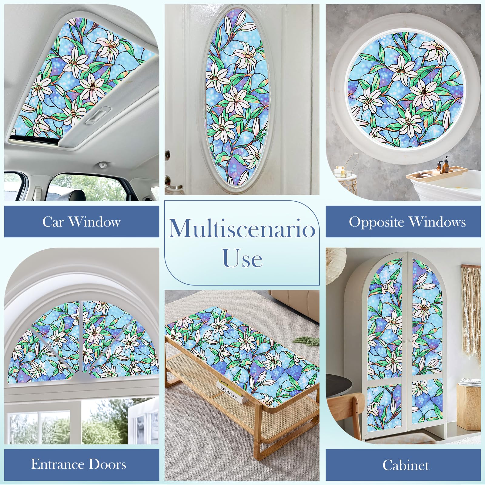 Coavas Decorative Window Privacy Film, Heat Control Sun Blocking Stained Glass Window Film, Floral Design Static Cling, Non Adhesive Windows Tint for Bathroom Front Door(Vinyl, 17.5" x 78.7 ") - Medaid International
