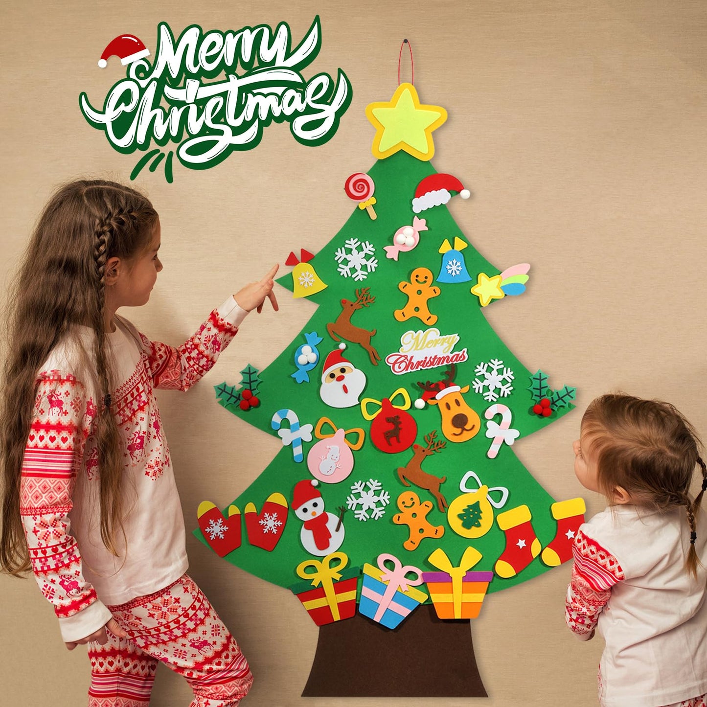 TOBEHIGHER DIY Felt Christmas Tree - 3.6 FT, 41 Piece Ornament Set, 3D Design, Reusable Adhesive Pads, Green, Life-Size, Unisex, Christmas Theme, Art & Craft Kit for Kids - Medaid International