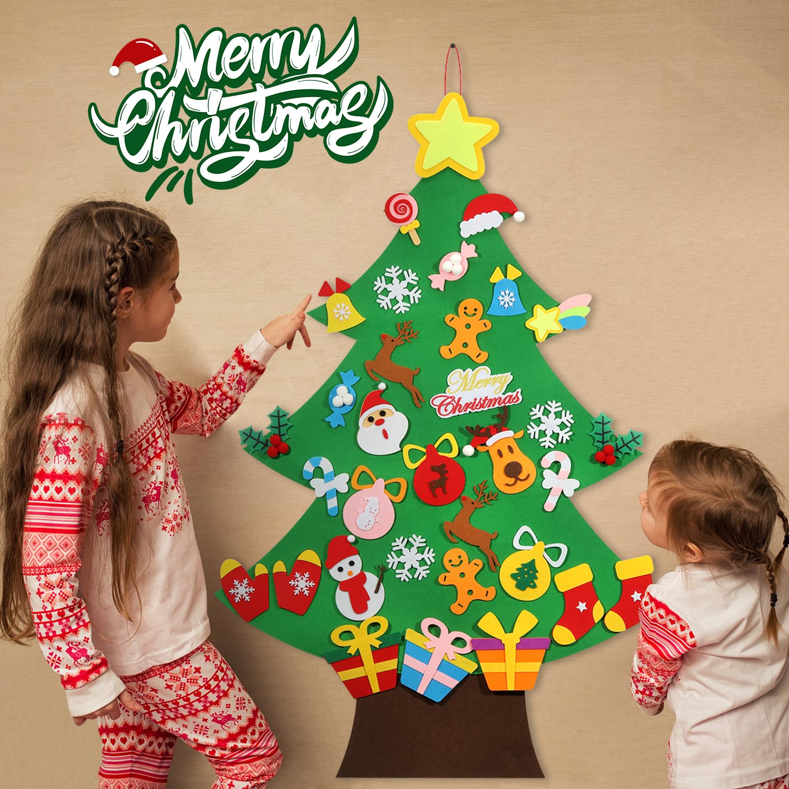 TOBEHIGHER DIY Felt Christmas Tree - 3.6 FT, 41 Piece Ornament Set, 3D Design, Reusable Adhesive Pads, Green, Life-Size, Unisex, Christmas Theme, Art & Craft Kit for Kids - Medaid International