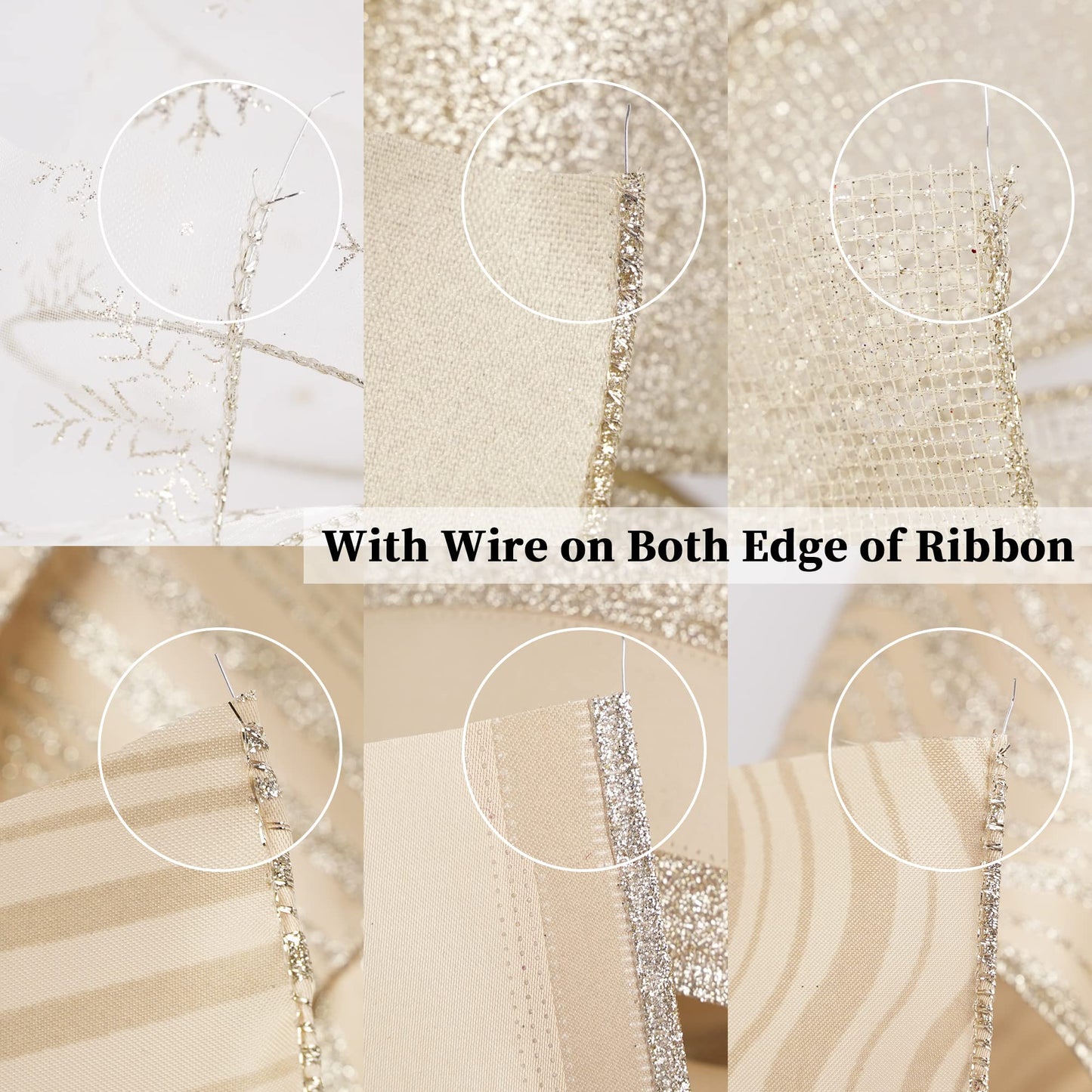 HUIHUANG Champagne Christmas Ribbon Wired Gold Christmas Tree Ribbon 6 Rolls Glitter Wired Edge Ribbons for X-mas Tree, Gift Wrapping, Wreath, Garland, Home Decor (2.5" Wide, 36 Yds Total) - Medaid International