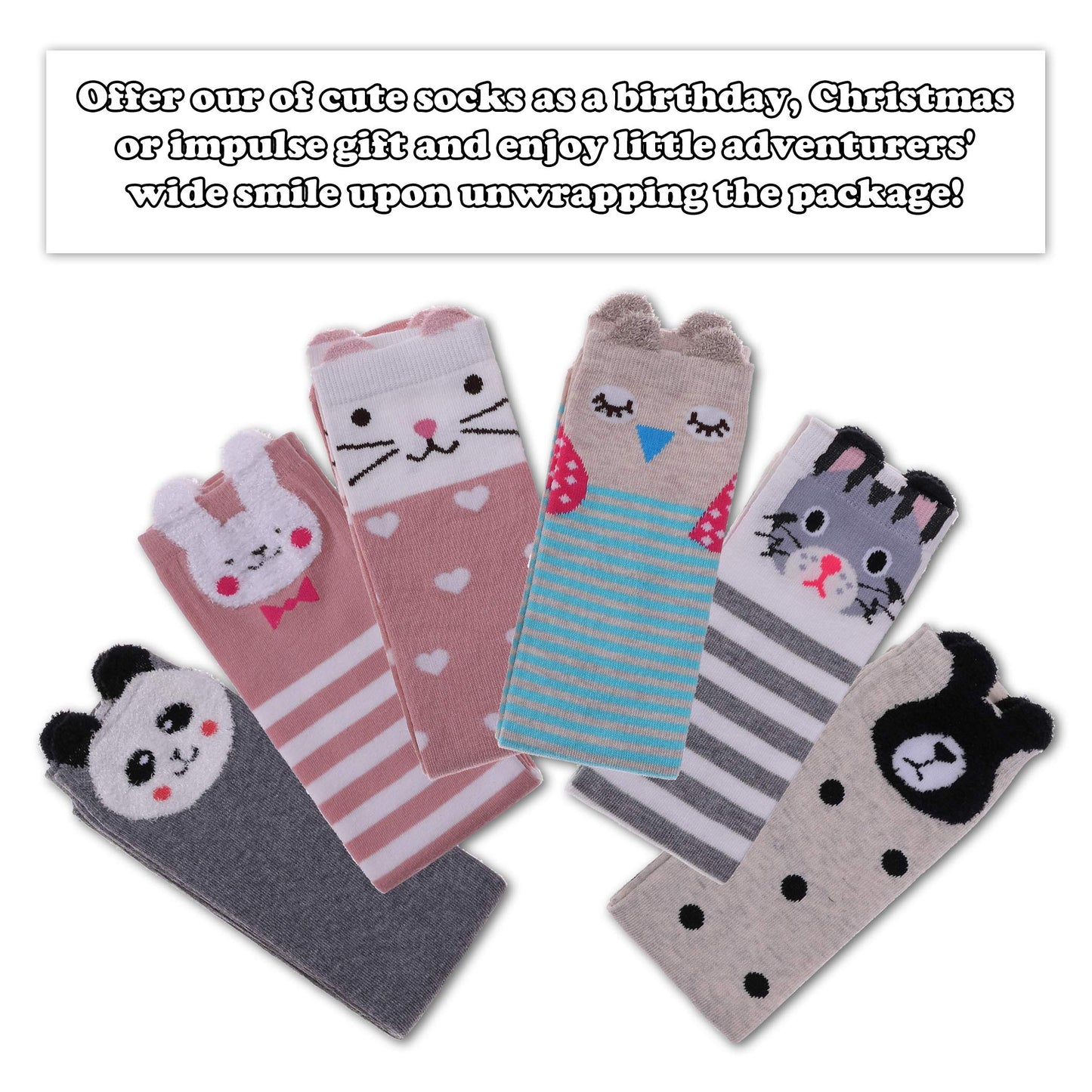 FNOVCO Girls Knee High Socks Kids Crazy Fun Gift Cute Animal Patterns Cotton Long Socks 6 Pairs (6 Pairs Animal) - Medaid International