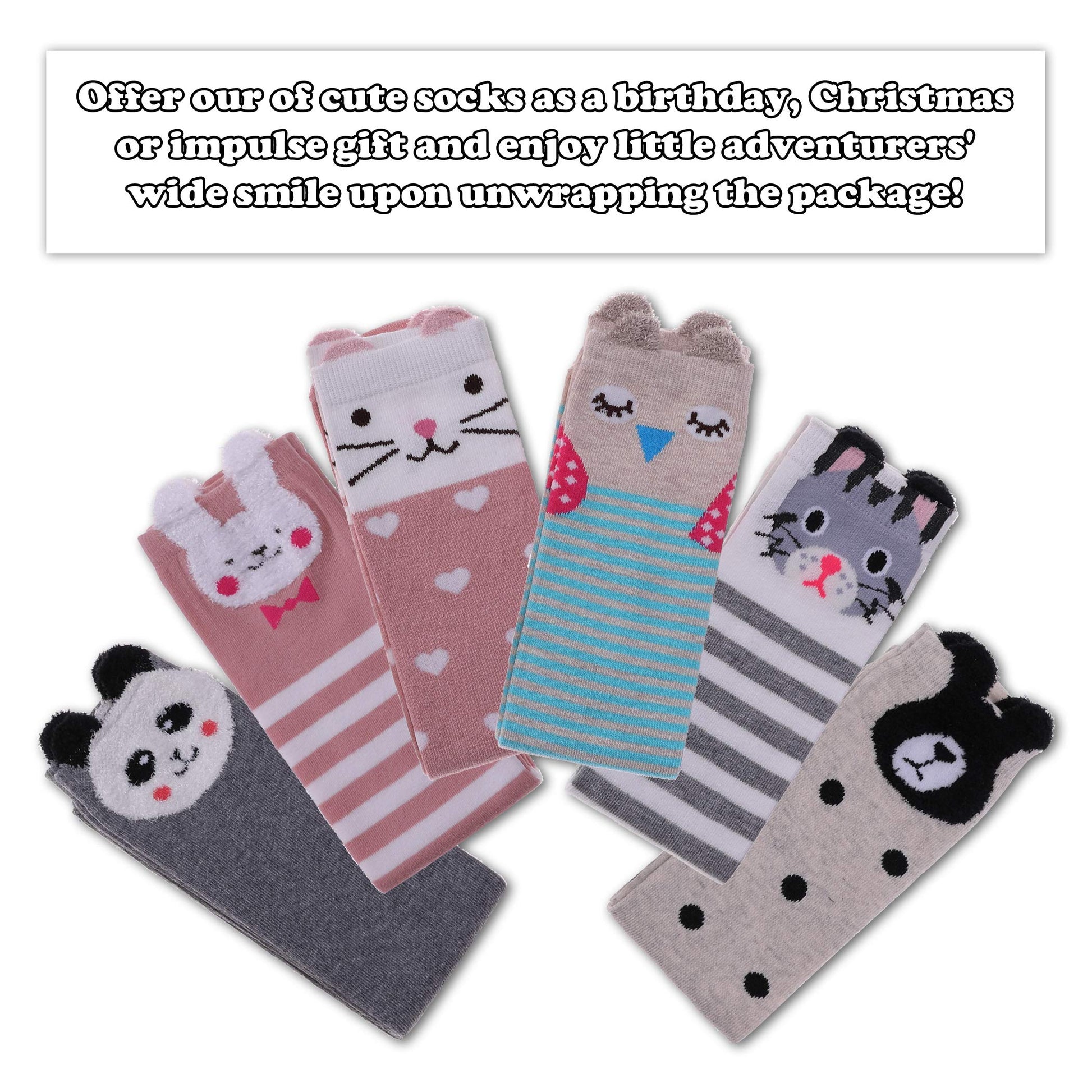 FNOVCO Girls Knee High Socks Kids Crazy Fun Gift Cute Animal Patterns Cotton Long Socks 6 Pairs (6 Pairs Animal) - Medaid International