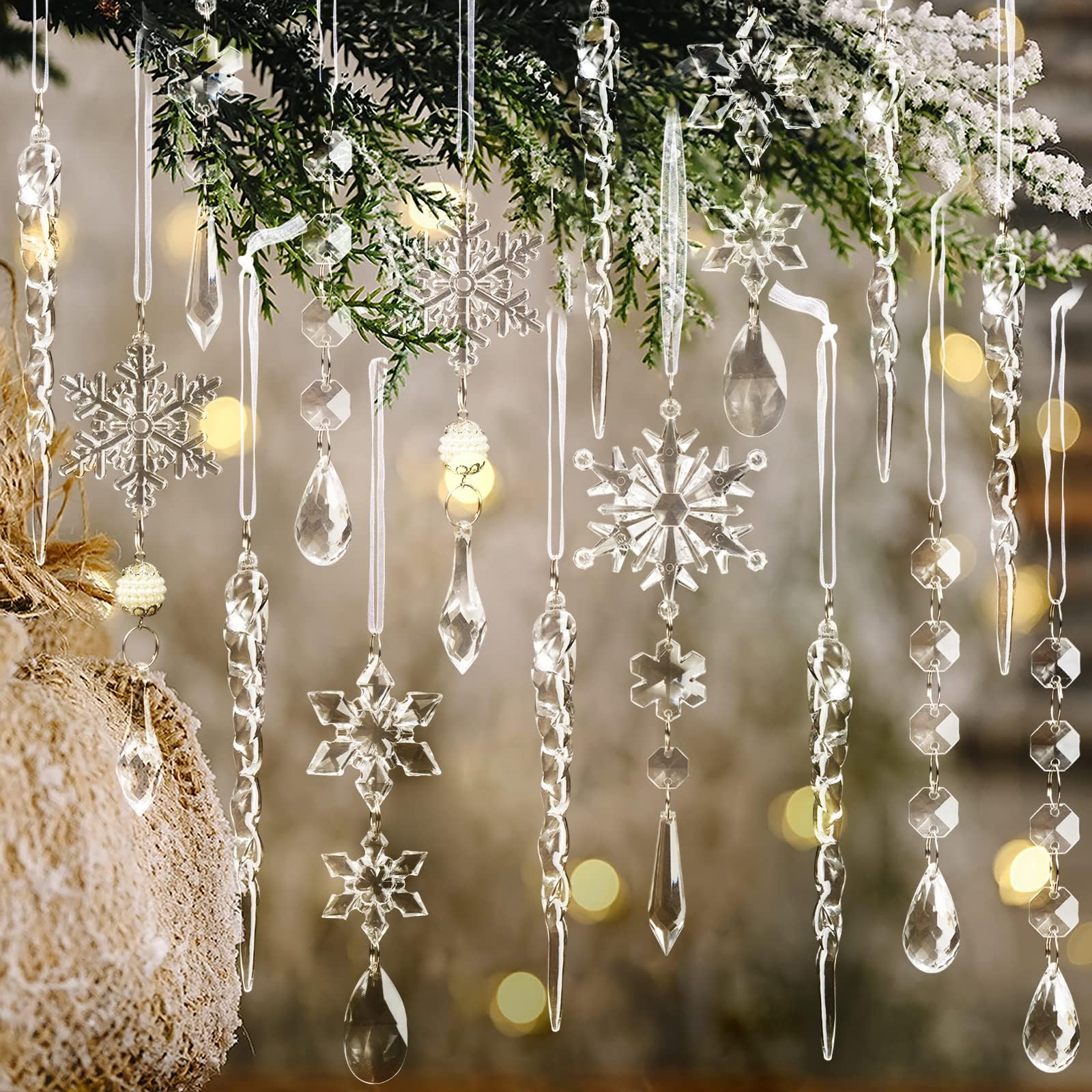 18pcs Christmas Tree Decoration Crystal Ornaments - Hanging Acrylic Christmas Snowflake Icicle Drop Crystal Ornaments for Xmas Tree Winter New Year Party Supplies - Medaid International