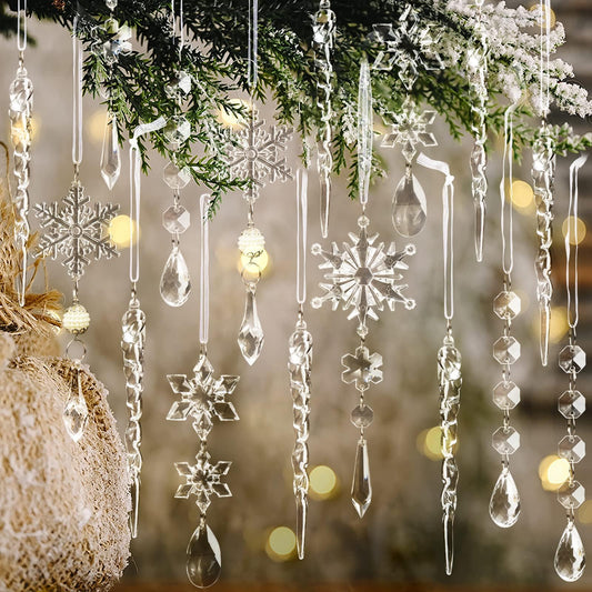 18pcs Christmas Tree Decoration Crystal Ornaments - Hanging Acrylic Christmas Snowflake Icicle Drop Crystal Ornaments for Xmas Tree Winter New Year Party Supplies - Medaid International