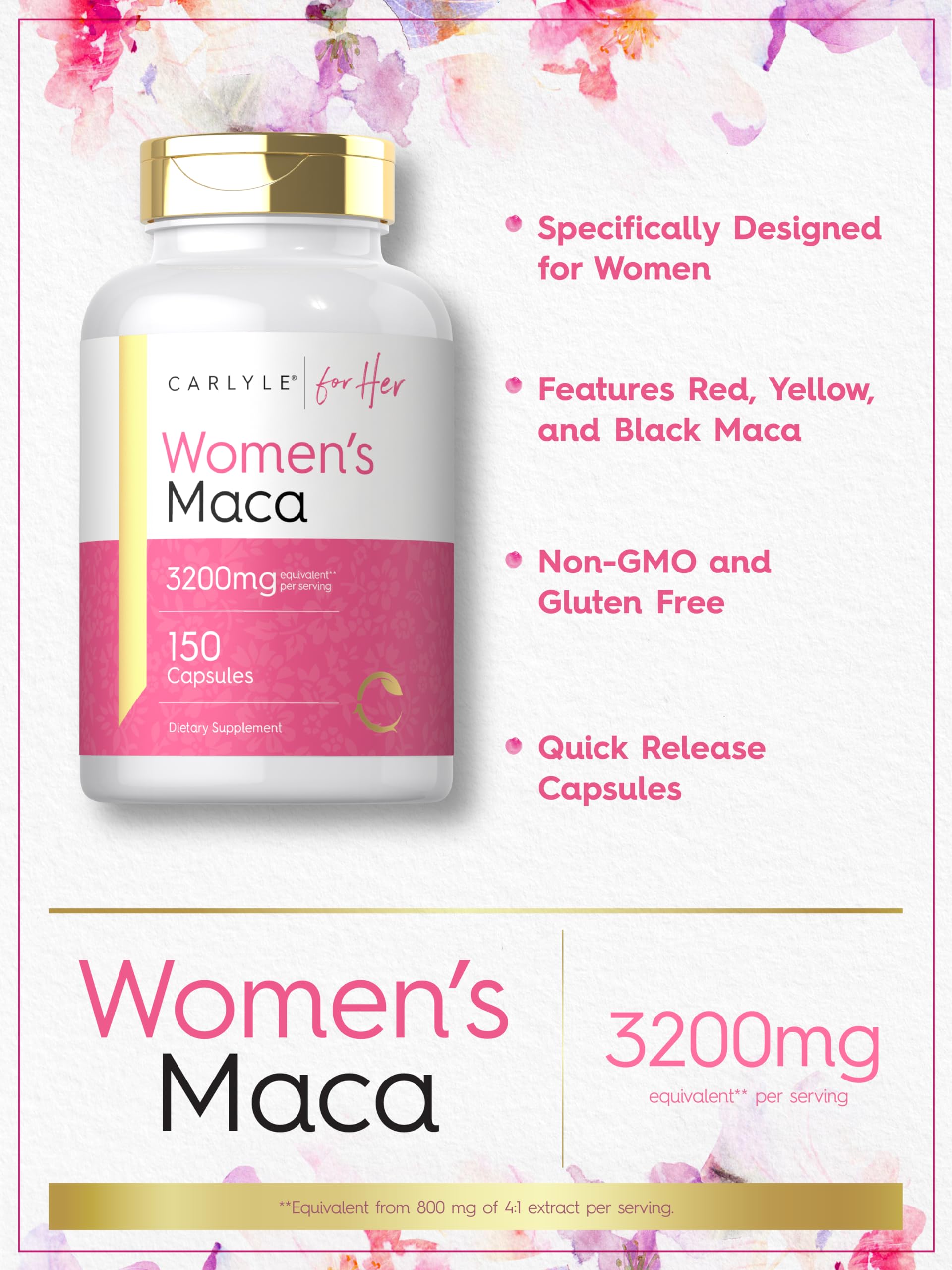 Carlyle Maca Root Capsules for Women 3200mg | 150 Count | Non-GMO, Gluten Free Supplement | for Her - Medaid International