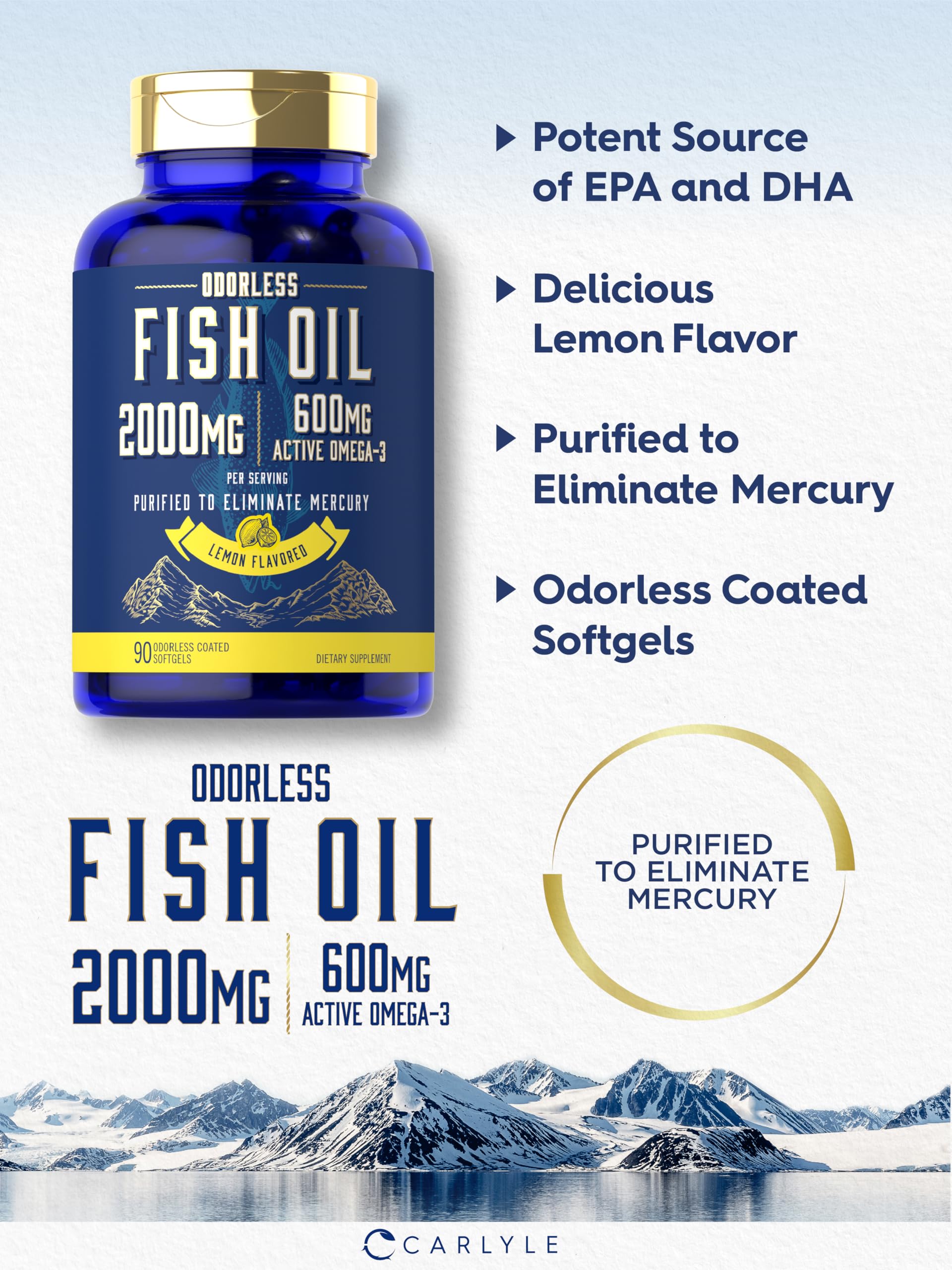 Carlyle Fish Oil 2000mg | 600mg Omega 3 Supplement for Men & Women | 90 Odorless Softgels | Lemon Flavored | Non-GMO and Gluten Free - Medaid International
