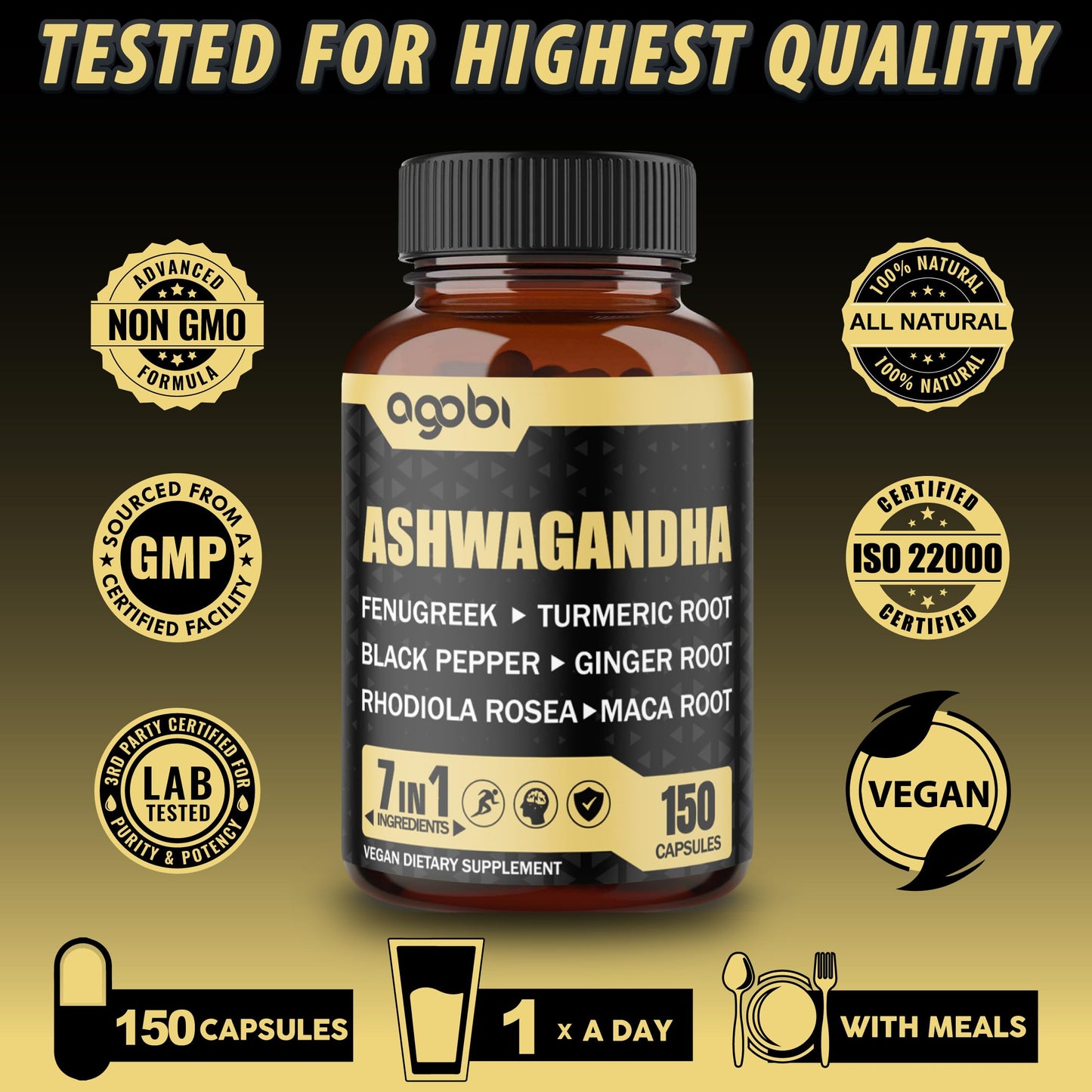 Ashwagandha Extract Capsules 7 Herbal Ingredients 8050 mg - Blended Fenugreek, Maca, Turmeric, Rhodiola, Ginger & Black Pepper - Sleep, Spirit, Immune & Energy Support - 5-Month Supply - Medaid International