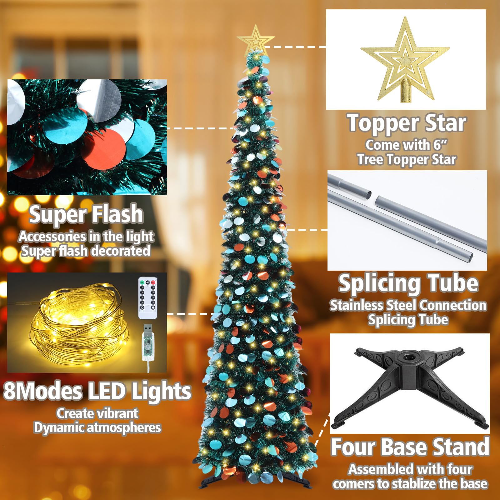 HMASYO 6 FT Pop Up Christmas Tree with 100 LED Lights & Remote, Green Christmas Tinsel Tree, Collapsible Artificial Pencil Tree for Home Office Party Decor, USB Powered Timer Lights, Easy Assembly - Medaid International