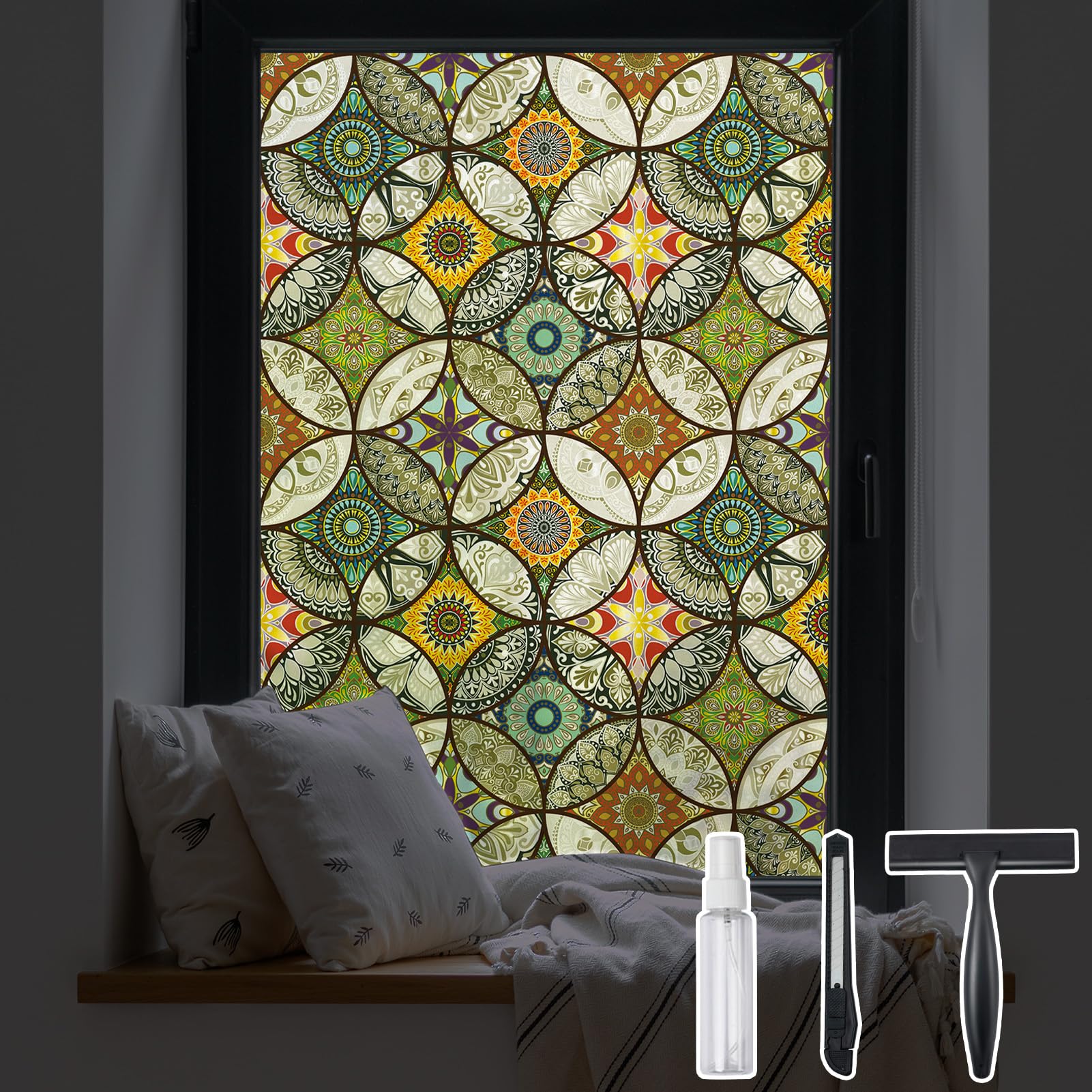 DKTIE Static Cling Decorative Window Film with Installation Tools Non Adhesive Privacy Film, Stained Glass Window Film for Bathroom Shower Door Heat Cotrol Anti UV, 17.7 x 78.7 Inch - Medaid International