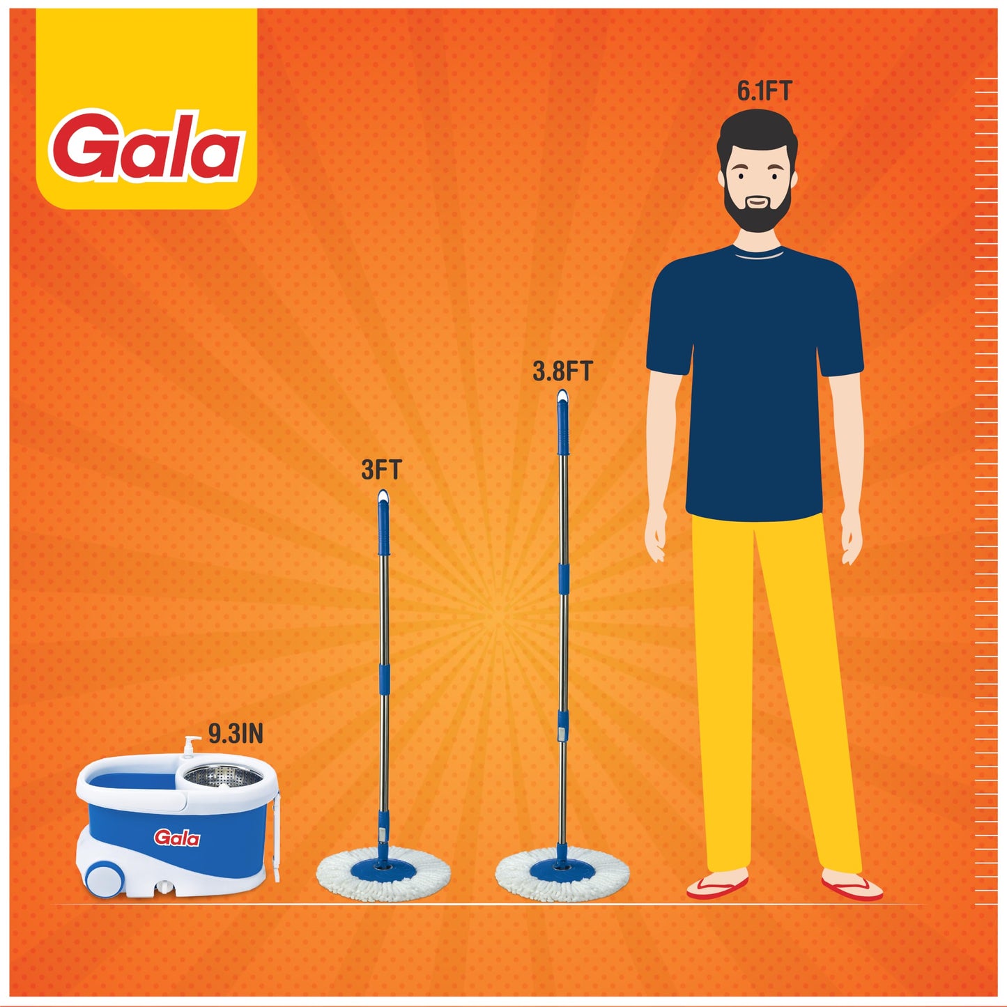 Gala Jet Spin Mop, Steel Winger & Big Wheels, 2 Microfiber Refills, Floor Cleaning Mop Stick with Bucket, pocha for Floor Cleaning, Mopping Set (White and Blue) - Medaid International