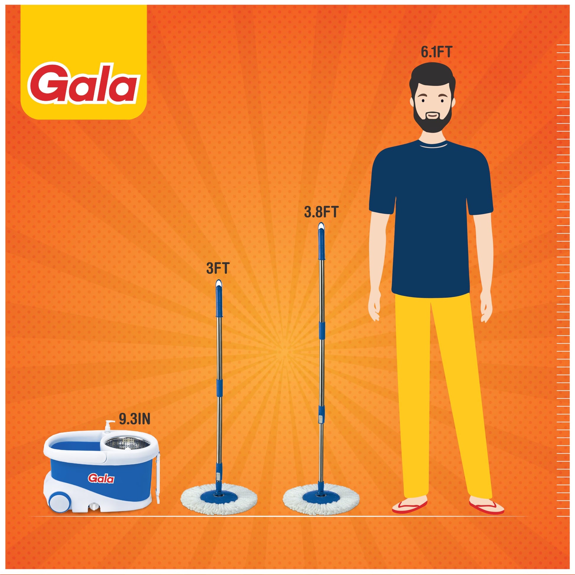 Gala Jet Spin Mop, Steel Winger & Big Wheels, 2 Microfiber Refills, Floor Cleaning Mop Stick with Bucket, pocha for Floor Cleaning, Mopping Set (White and Blue) - Medaid International