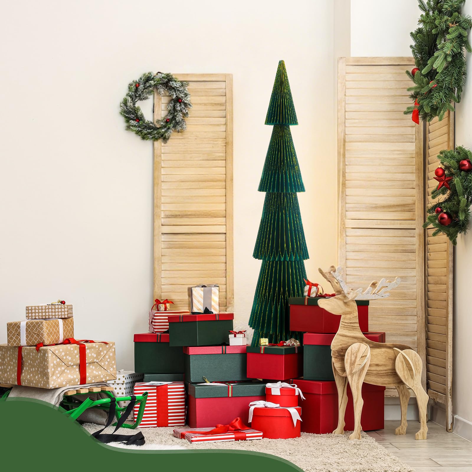 Motipuns 5.92ft ×19inch Giant Honeycomb Paper Christmas Trees Dark Green Extra Large 3D Honeycomb Christmas Trees Glitter Edge Magnetic Folding Xmas Paper Accordion for Home Mantel Holiday Party Decor - Medaid International
