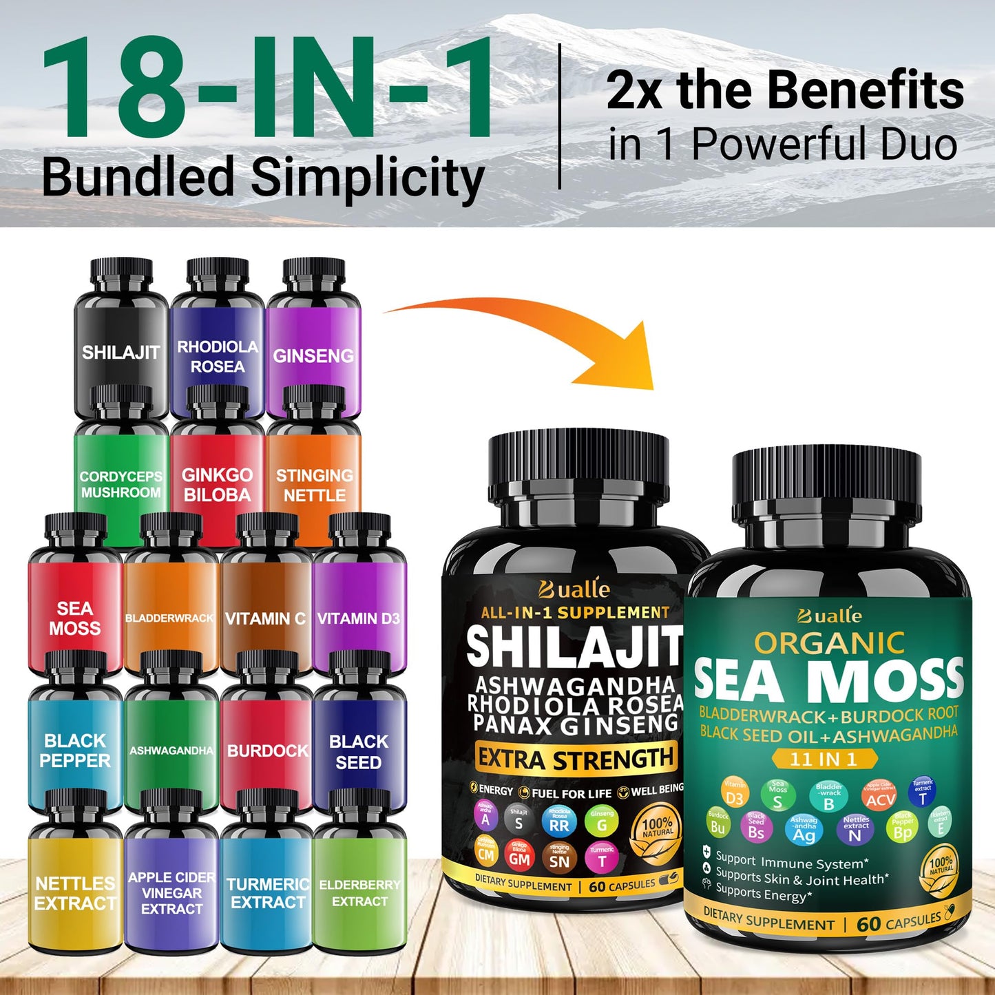 Bualle Organic Sea Moss for Women & Shilajit for Men,Ashwagandha Supplement with Black Seed Oil, Maca & Ginger, Supports Daily Wellness, Skin & Energy–120 Vegan Capsules – Organic Herbal Complex - Medaid International