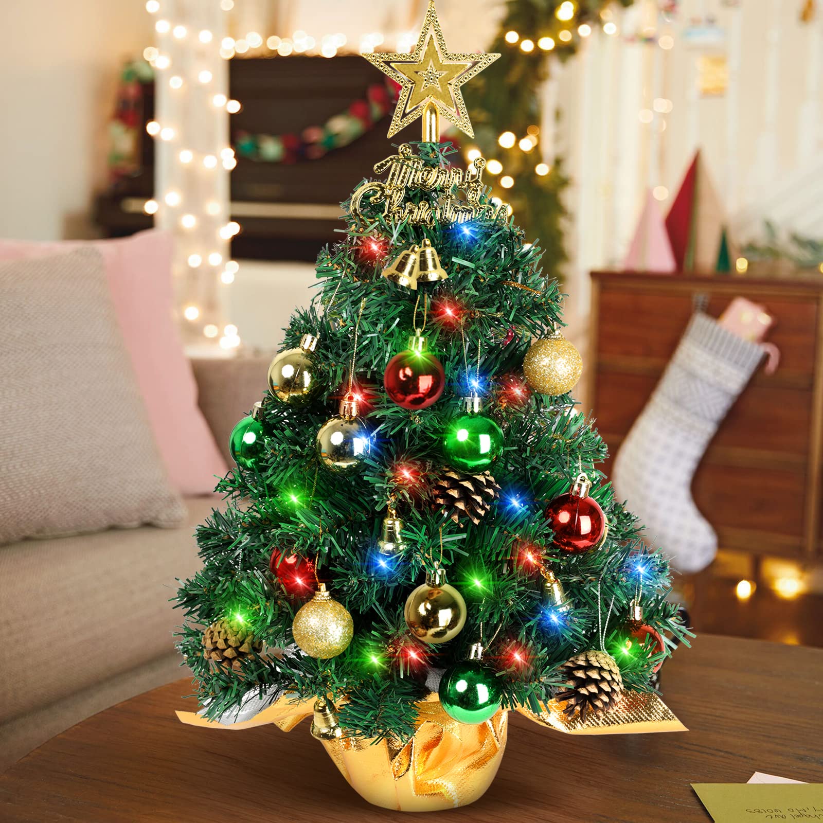 AGIRL Tabletop Christmas Tree 22 Inch Mini Artificial Christmas Tree with 30 LED String Lights, Star Tree, Tabletop Small Xmas Tree for Holiday Indoor DIY Christmas Decor - Medaid International
