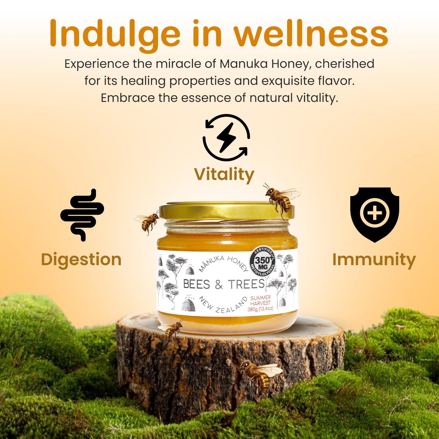 Bees & Trees Manuka Honey 350+ MGO – Pure New Zealand Raw Monofloral Honey – Unpasteurized & Natural – 380g (13.4oz) Glass Jar – Perfect for Coffee, Tea & Daily Wellness - Medaid International