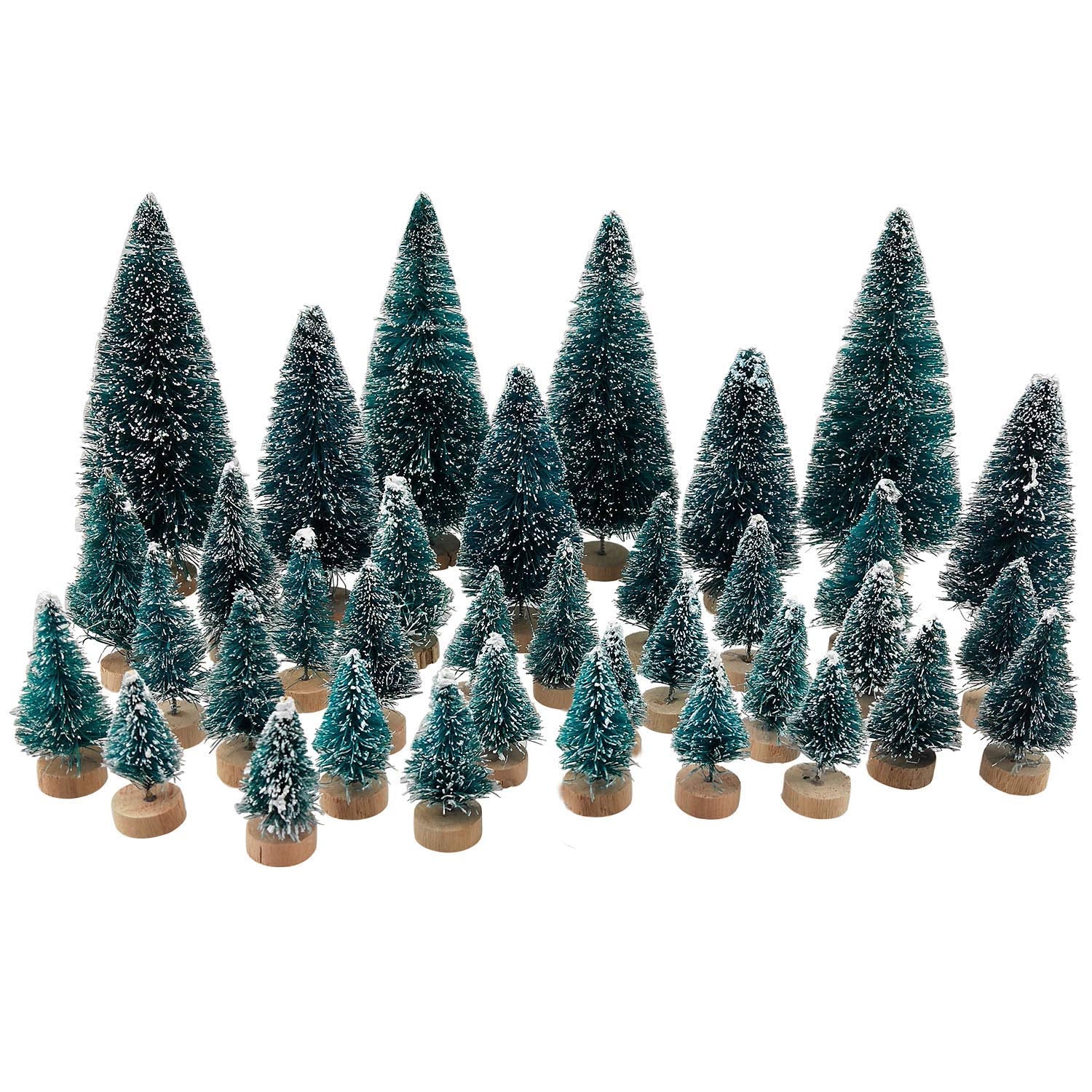 36PCS Mini Artificial Christmas Trees Plastic Sisal Trees Bottle Brush Trees Snow Frost Ornaments with Wood Base for Christmas Home Party Table Top Decor Winter Crafts - Medaid International