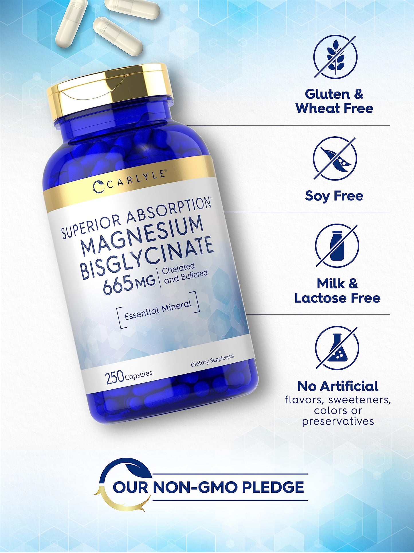 Carlyle Buffered Magnesium Bisglycinate 665 mg | 250 Capsules | Chelated Essential Mineral | Non-GMO and Gluten Free Supplement - Medaid International