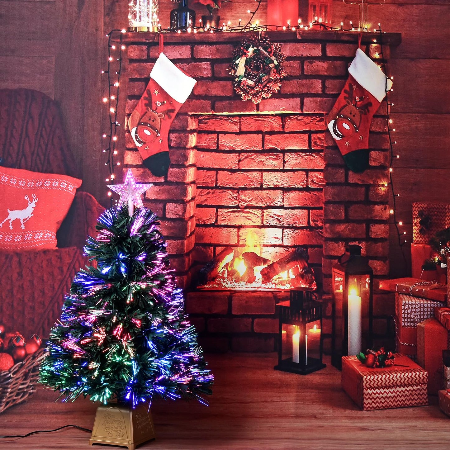 24inch Green Fiber Optic Christmas Tree,Pre-Lit Artificial Mini Christmas Tree, Tabletop Small Xmas Tree with Stars Holiday Home Decorations - Medaid International