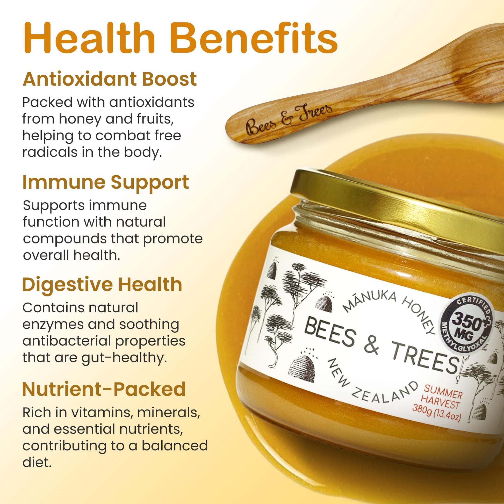 Bees & Trees Manuka Honey 350+ MGO – New Zealand Pure Monofloral, Raw – Premium & Minimally Processed for Health, Strength & Vitality – Unpasteurized Superfood in Gift Set – 380g (13.4oz) Glass Jar - Medaid International