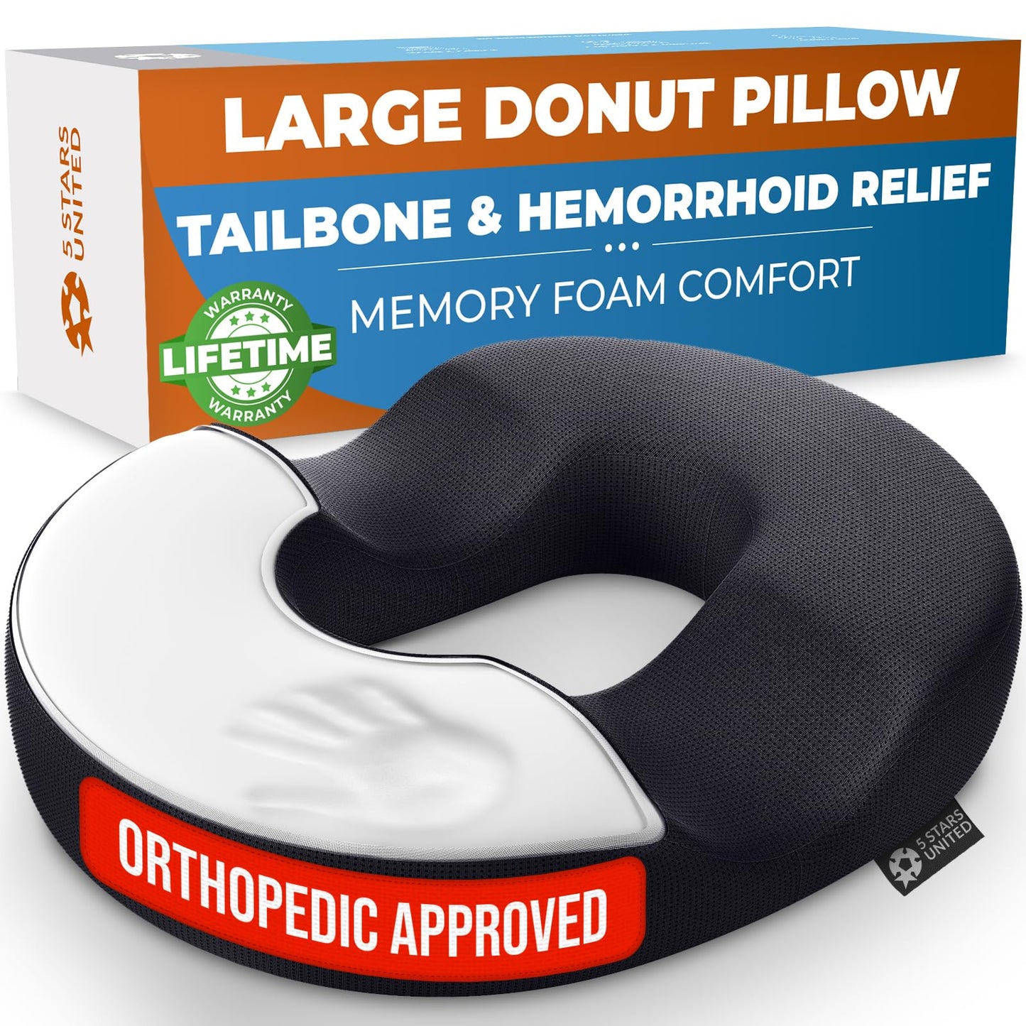 5 STARS UNITED Donut Pillow Hemorrhoid Tailbone Cushion – Large Cushion for Pain Relief – Coccyx, Prostate, Sciatica, Pelvic Floor, Pressure Sores, Pregnancy, Postpartum Recovery, Black - Medaid International