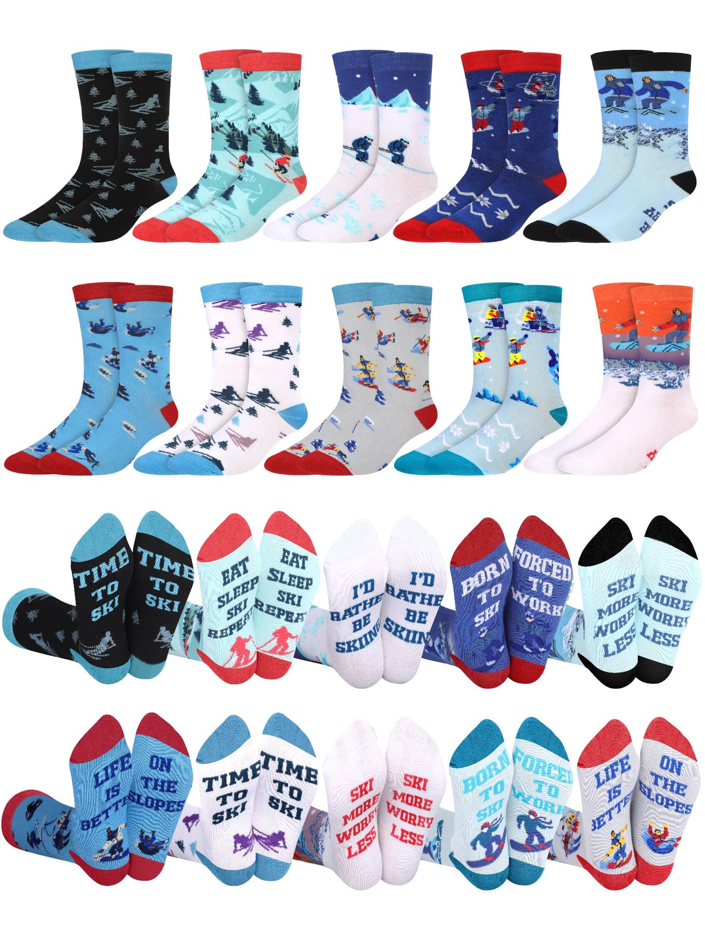 Maiteenly 10 Pairs Funny Ski Themed Crew Socks Novelty Winter Snowboarding Gift Ideas for Ski Lovers Skiers Men Youth Christmas Xmas Holiday, 10 Styles - Medaid International