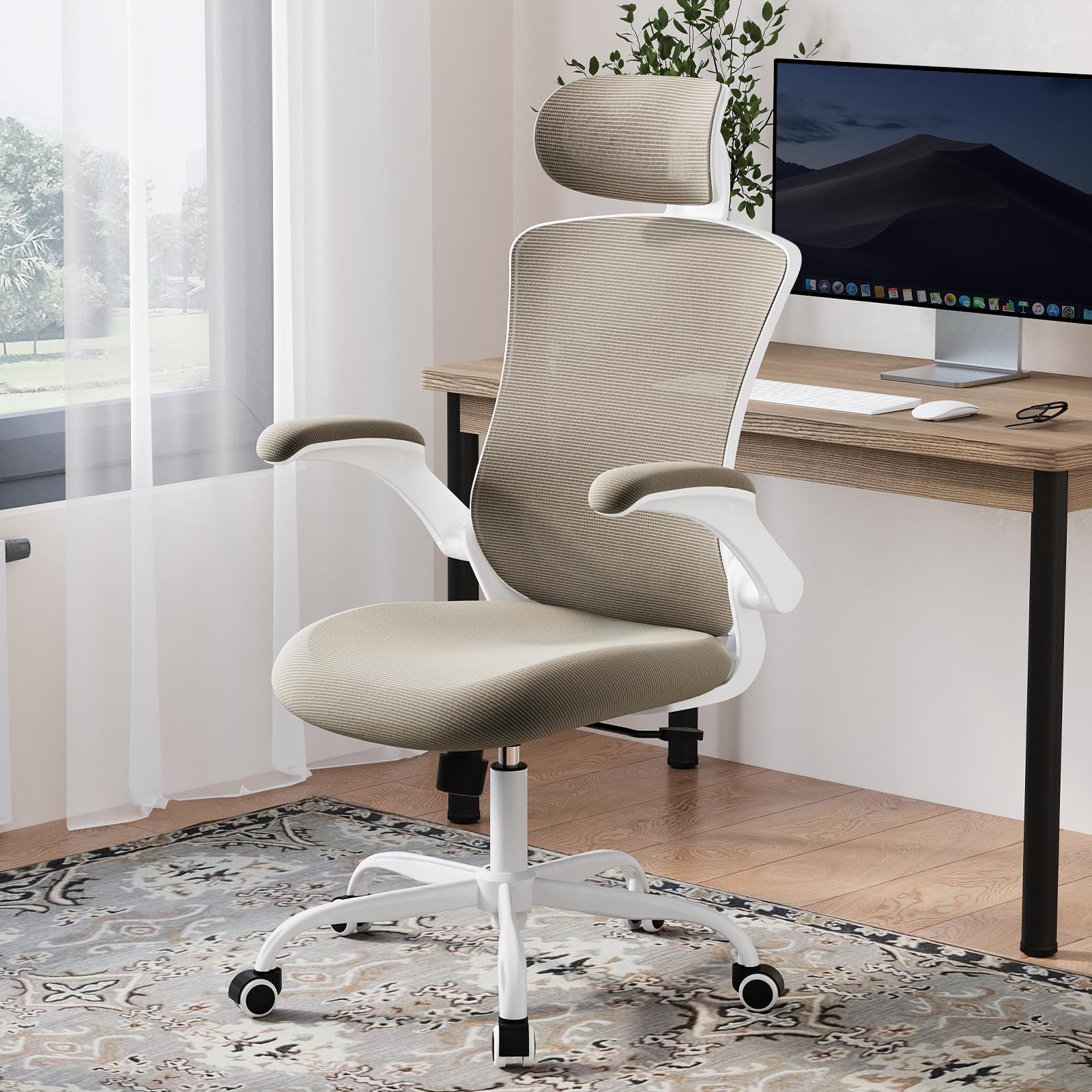 High Back Office Chair with Adjustable Lumbar Support & Headrest, Ergonomic Mesh Desk Chair with Flip-Up Armrests, Breathable & Comfortable Computer Chair for Home, Office & Study, Khaki - Medaid International