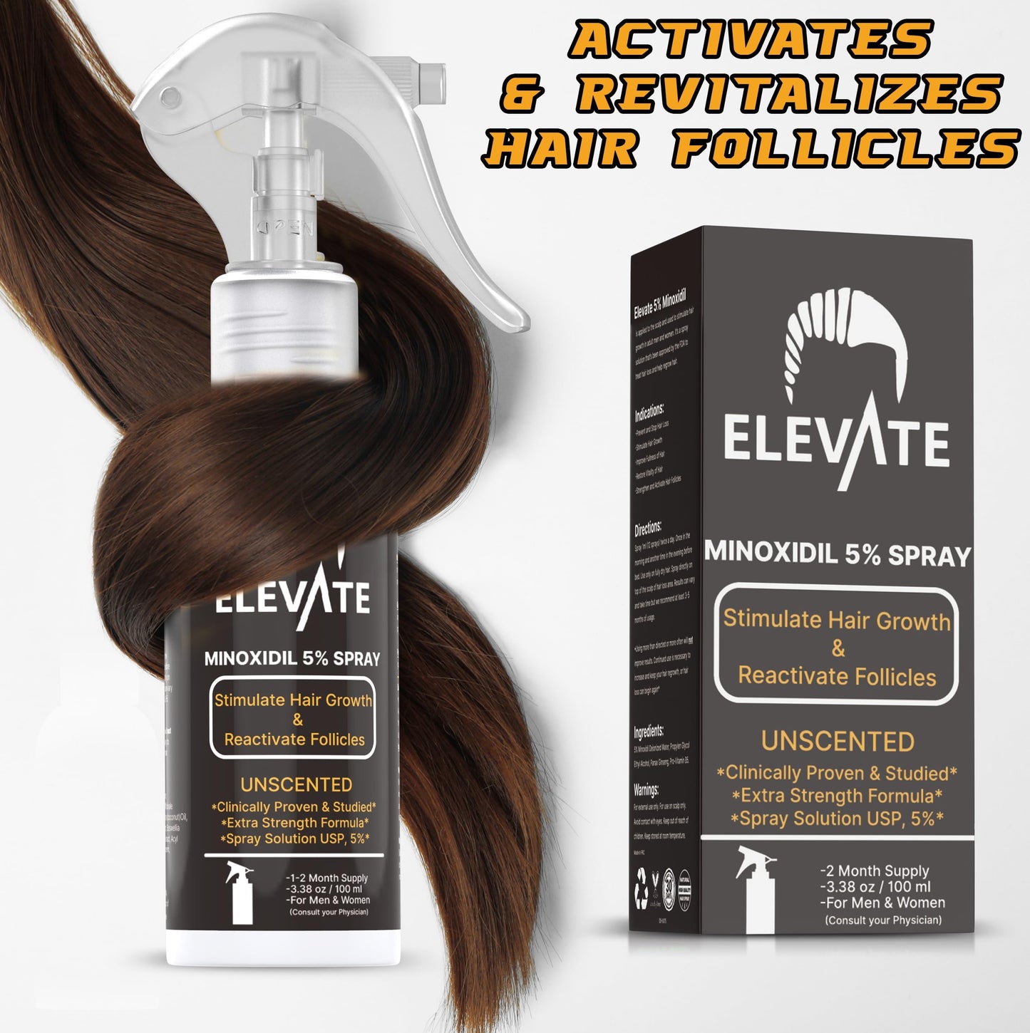 Elevate Hair Regrowth Treatment 5% Minoxidil Spray - Extra Strength Formula Professional Treatment for Hair Loss and Thinning for Regrowth - Stimulate Follicles for Men and Women 1 Month Supply - Medaid International