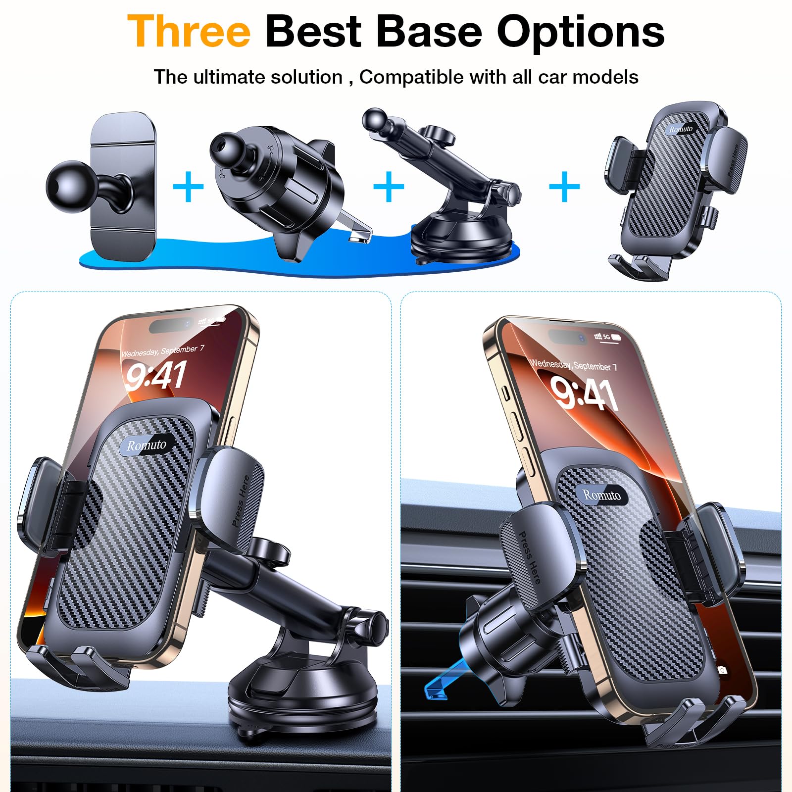 Romuto Car Phone Holder Mount【2025 Strongest Suction】Phone Mount for Car Cell Phone Holders for Your Car Accessories for Women Men Dashboard/Windshield/Vent/Wall Mounts Truck Stand for iPhone Samsung - Medaid International