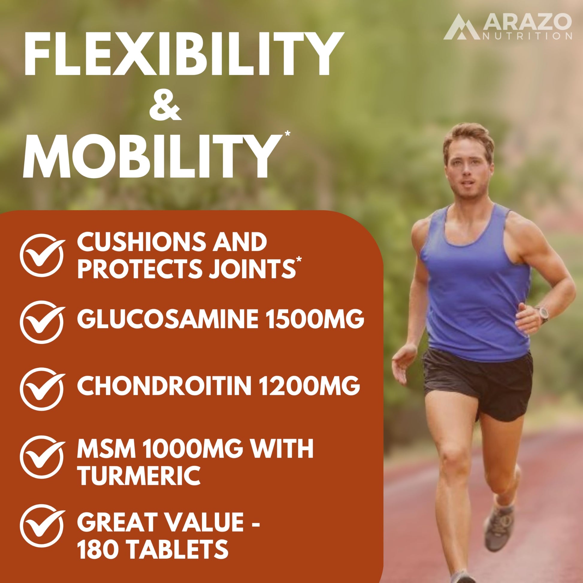 Arazo Nutrition Glucosamine Chondroitin Turmeric Msm Boswellia - Joint Support Supplement for Relief 180 Tablets for Bones, Back, Knees, Hands (180 Tablets) - Medaid International