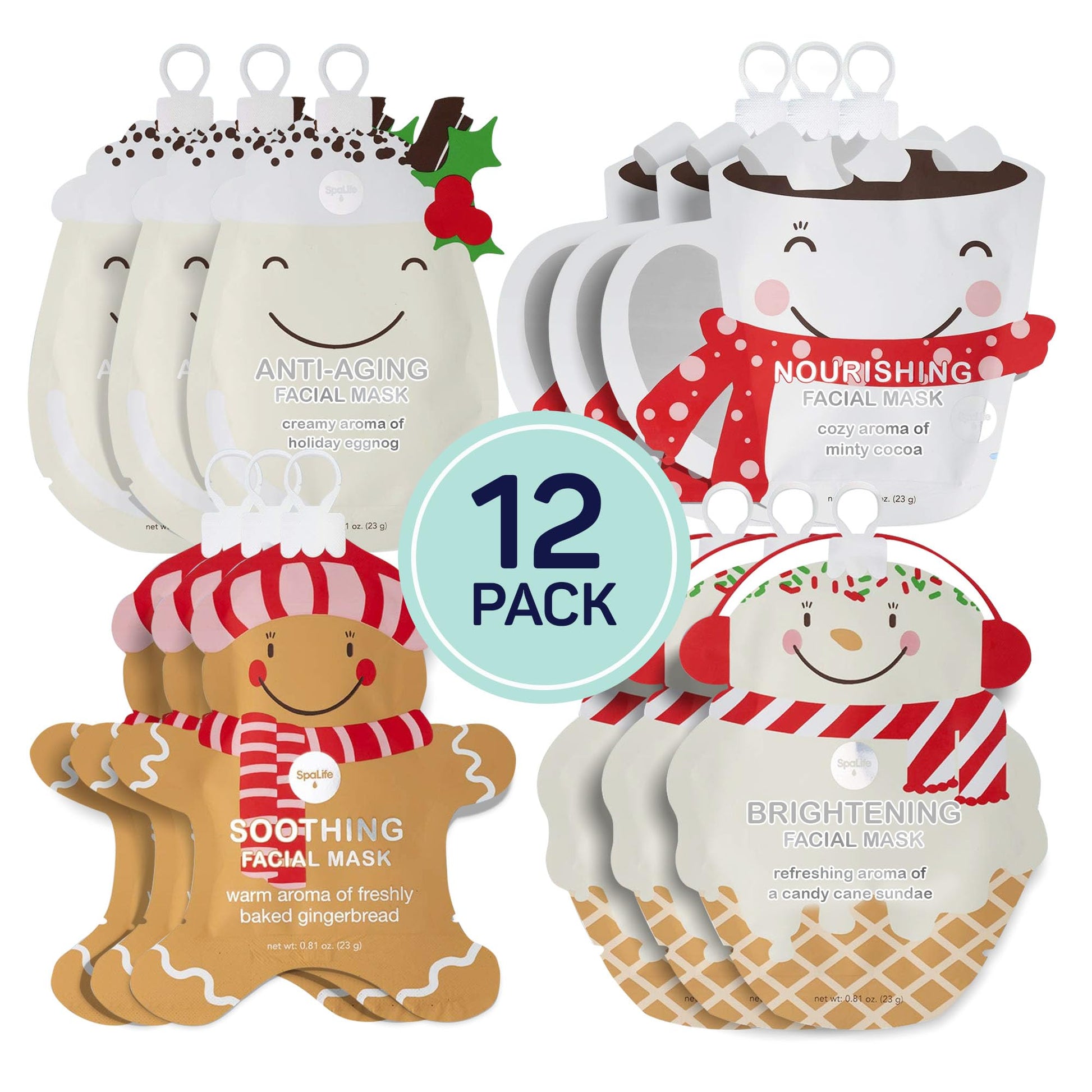SpaLife Beauty Holiday Treats Christmas Face Mask Bundle | Korean Facial Mask | Hydrating, Soothing and Moisturizing Sheet Mask Set | Stocking Stuffers for Women | Bulk Christmas Gifts | 12 Pack - Medaid International