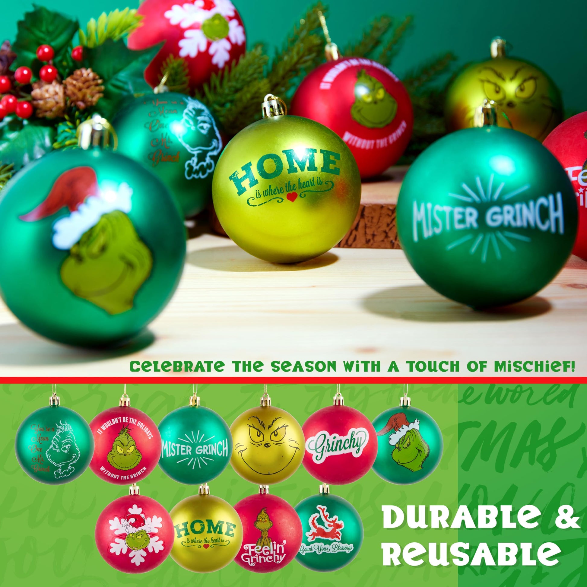 The Grinch Christmas Ornaments, Pack of 10 Funny Christmas Ball Tree Decorations - Medaid International