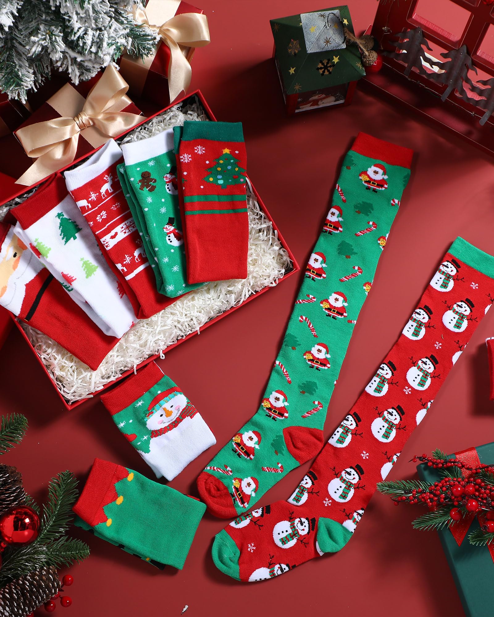 Glitopper 12 Pairs Christmas Knee High Socks for Women Man Bulk Xmas Long Colorful Festive Soft Novelty Pattern Holiday Socks for Christmas Party Gifts (Vivid) - Medaid International