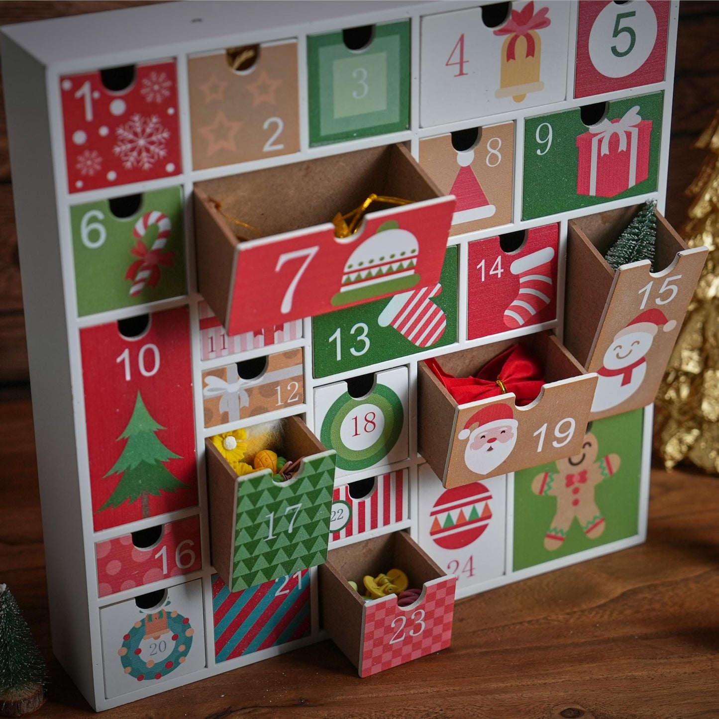 Wooden Advent Calendar with 25 Drawers for Kids, Refillable Advent Calendar for 2025, Red&Green Reusable Christmas Countdown Calendar with Classic Holiday Designs - Medaid International