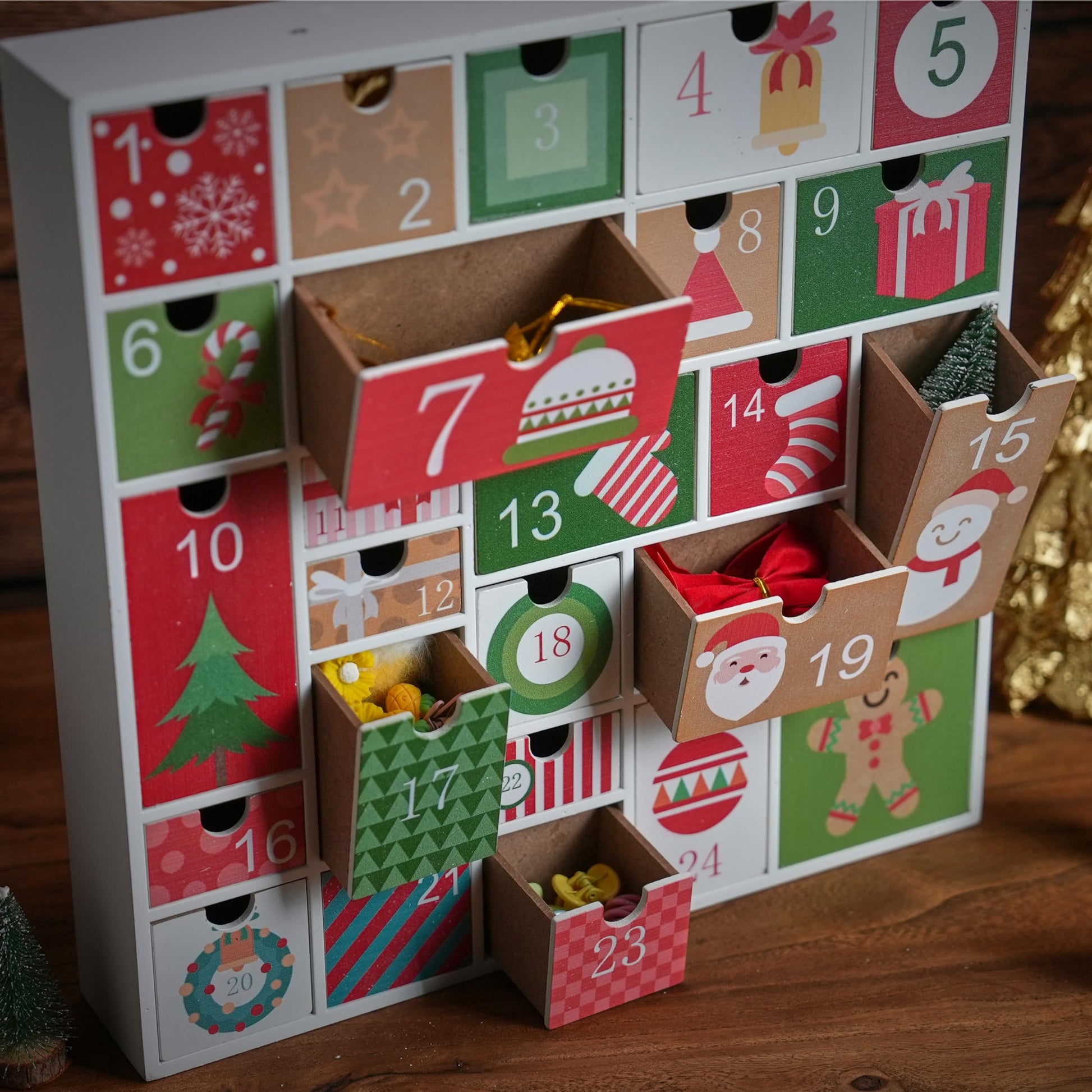 Wooden Advent Calendar with 25 Drawers for Kids, Refillable Advent Calendar for 2025, Red&Green Reusable Christmas Countdown Calendar with Classic Holiday Designs - Medaid International