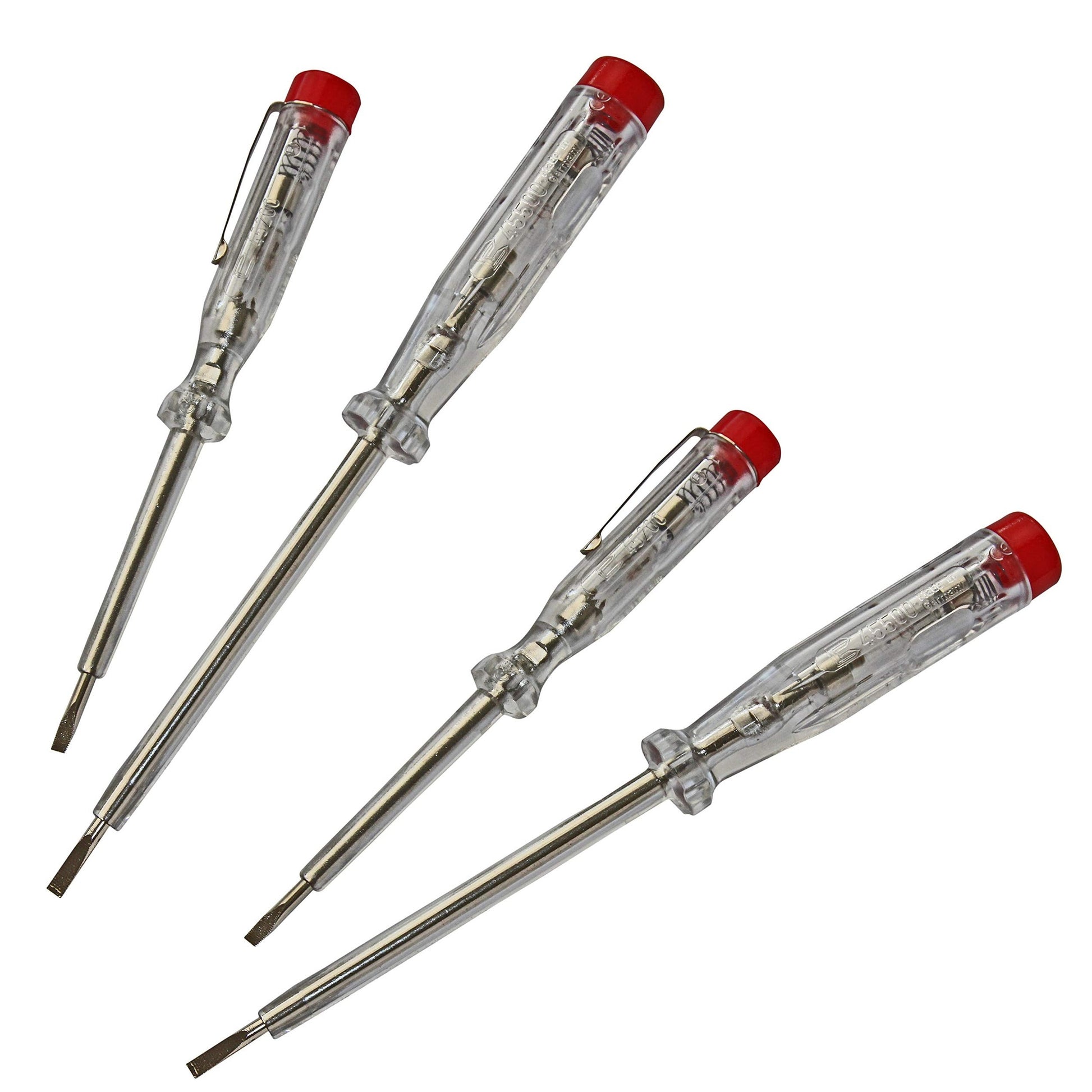 H+H 45200 45500 VDE Standard Tester 45200/45500 Voltage Tester/Phase Tester Set up to 250 V 4 Pieces (2X 45200 / 2X 45500) GS Tested 0680 Made in Germany, Transparent/red, 2X 140 mm / 2X 190 mm - Medaid International