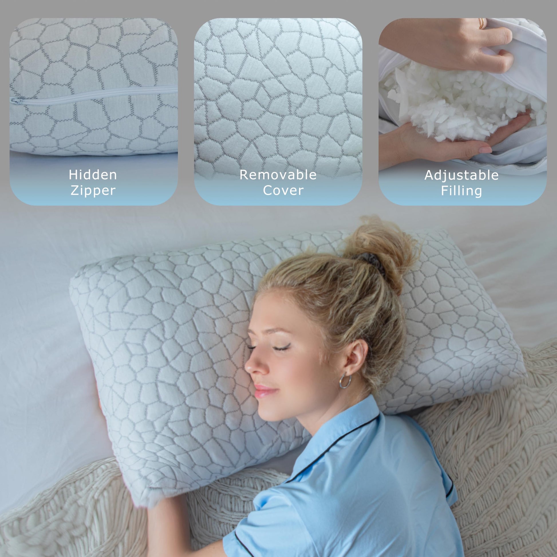Pharmedoc Adjustable Shredded Memory Foam Bed Pillow - Perfect for Side Sleeper - Rectangular - Neck Support for Pain Relief - Queen Size - Extra Filling Pack - Medaid International