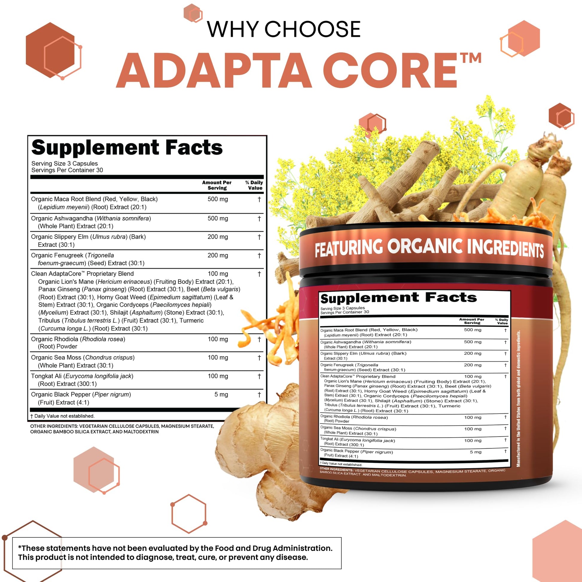 Adapta Core Adaptogens Supplements | Maca Root Ashwagandha Slippery Elm Tongkat Ali Rhodiola Rosea Fenugreek Beetroot Sea Moss Ginseng Pepper Mushrooms Horny Goat Weed 90 Capsules by Clean Nutra - Medaid International