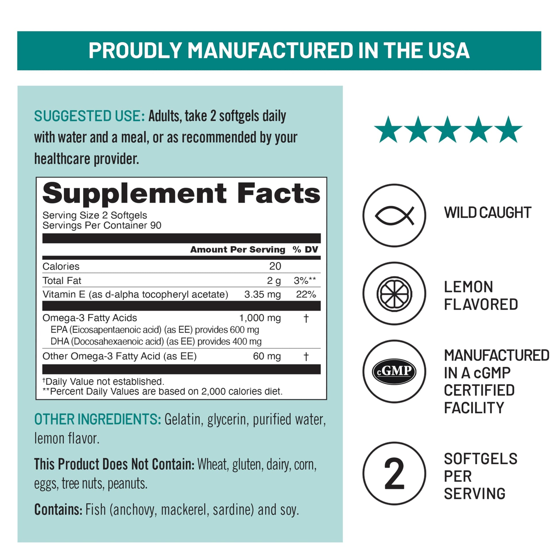 NatureWise Extra-Strength Omega 3 Fish Oil Supplement - 1000mg per Serving - 600 EPA & 400 DHA and Vitamin E - Support for Heart & Brain Health - Lemon Flavor, GMO-Free - 180 Softgels[3-Month Supply] - Medaid International