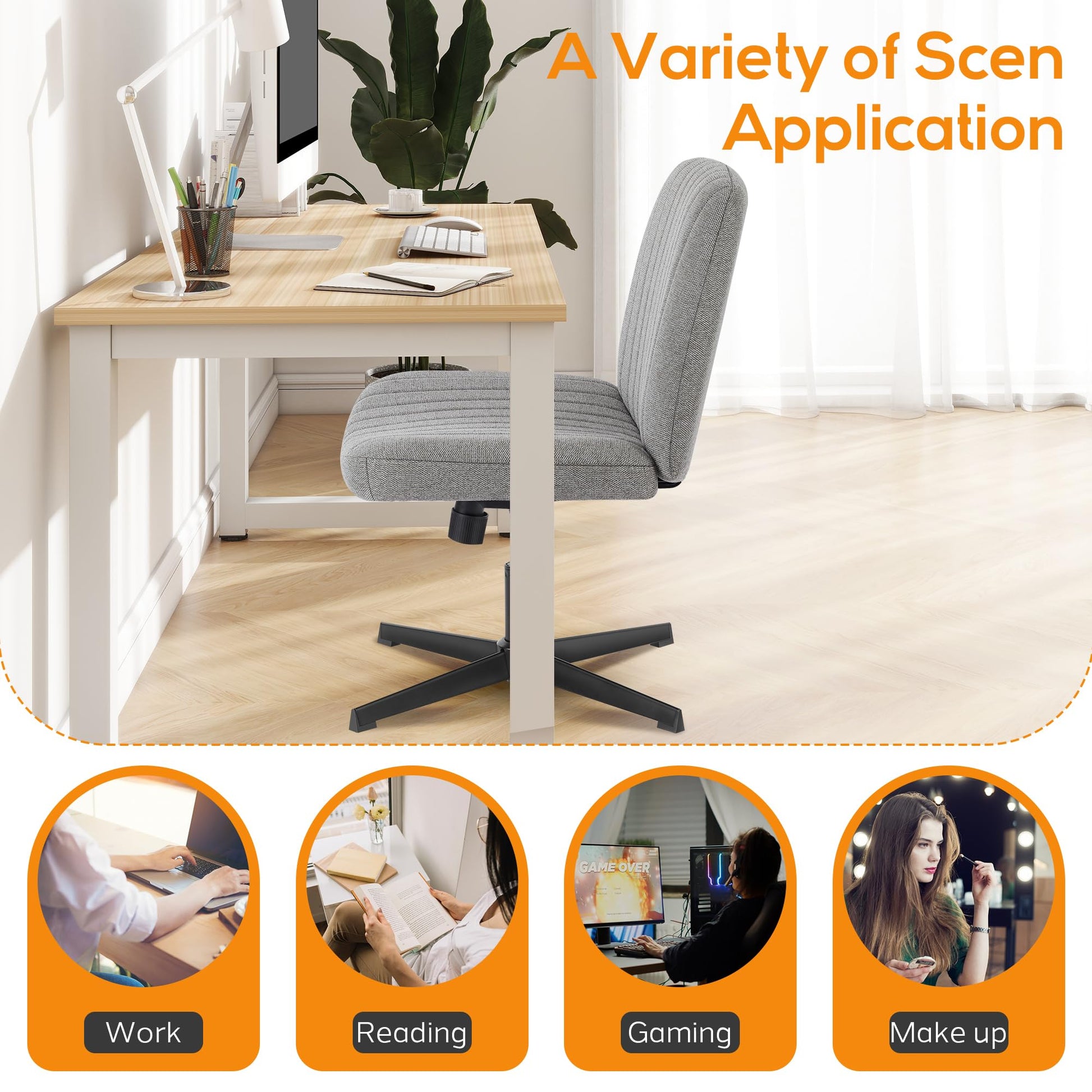 DUMOS Criss Cross Chair Legged Office Wide Comfy Desk Seat, No Wheels Armless Computer Task Seating, Swivel Vanity Home Height Adjustable - Medaid International