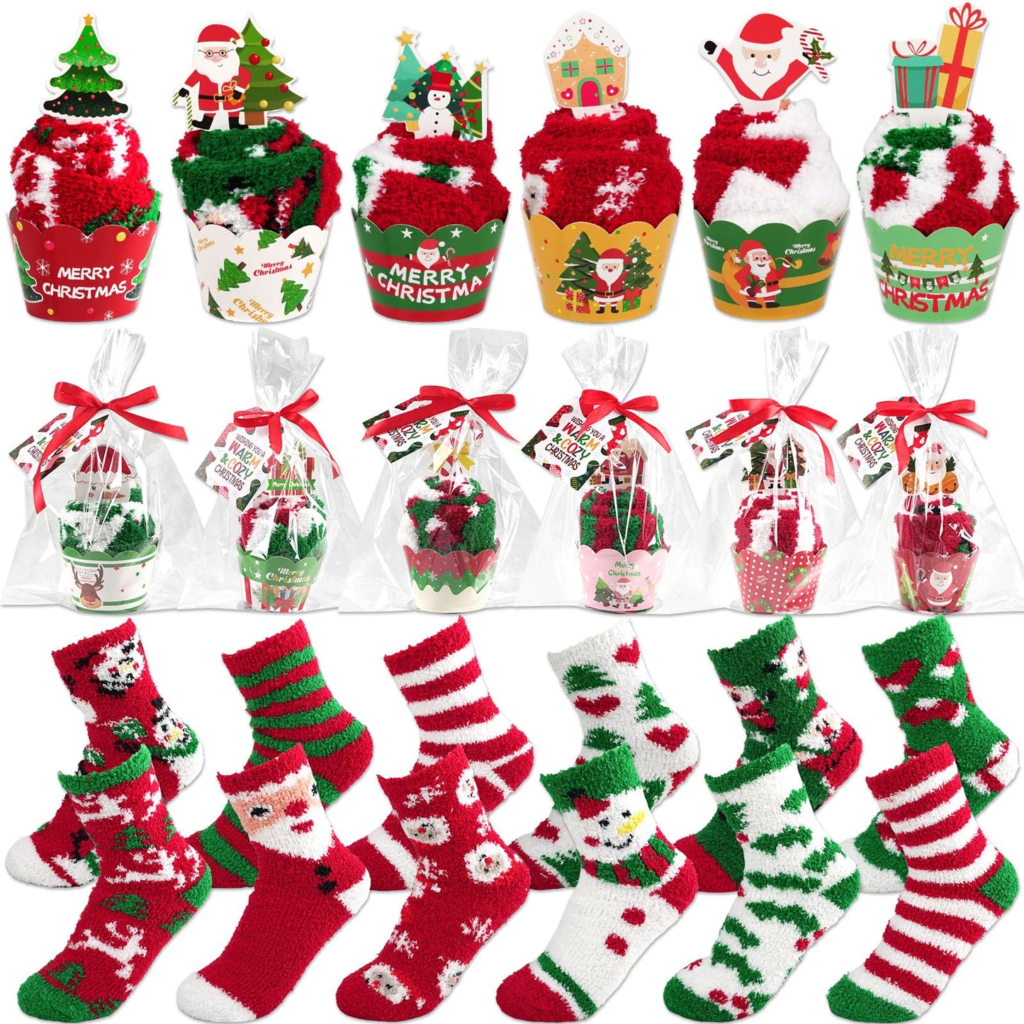 12 Pairs Christmas Fuzzy Socks Christmas Cupcake Fuzzy Socks DIY Gift Set for Women and Girls Xmas Thick Cozy Bed Sock with Greeting Cards for Adult Kids Party Home Indoor Sleeping Xmas Holiday - Medaid International