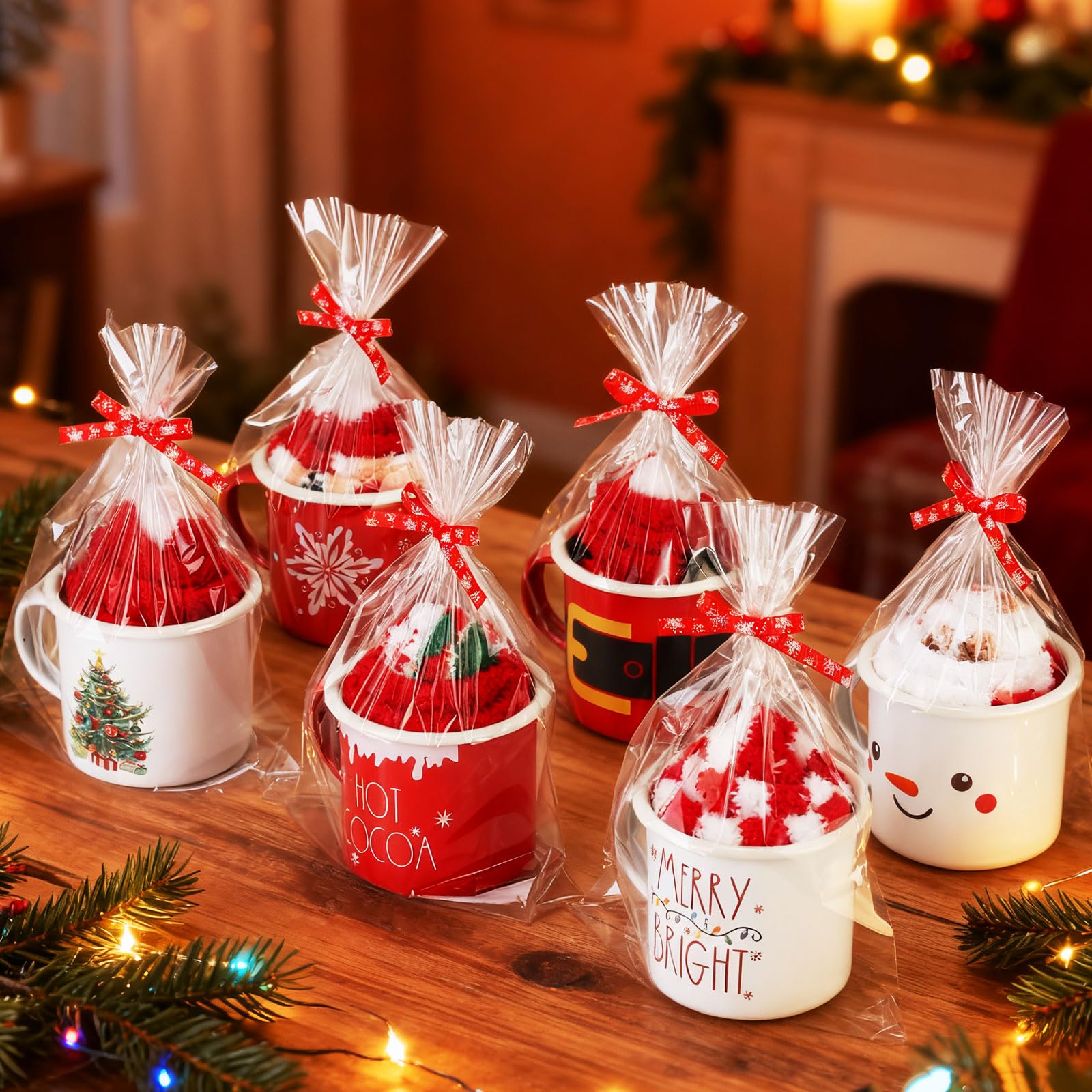 ShinyMatch 6 Pack Christmas Mug Gift Set 12oz Christmas Enamel Coffee Mug Xmas Fuzzy Socks Holiday Cup Slipper Socks transparent Bags and Ribbon DIY Gift for Women Coworker Friends Party(Red,Classic) - Medaid International