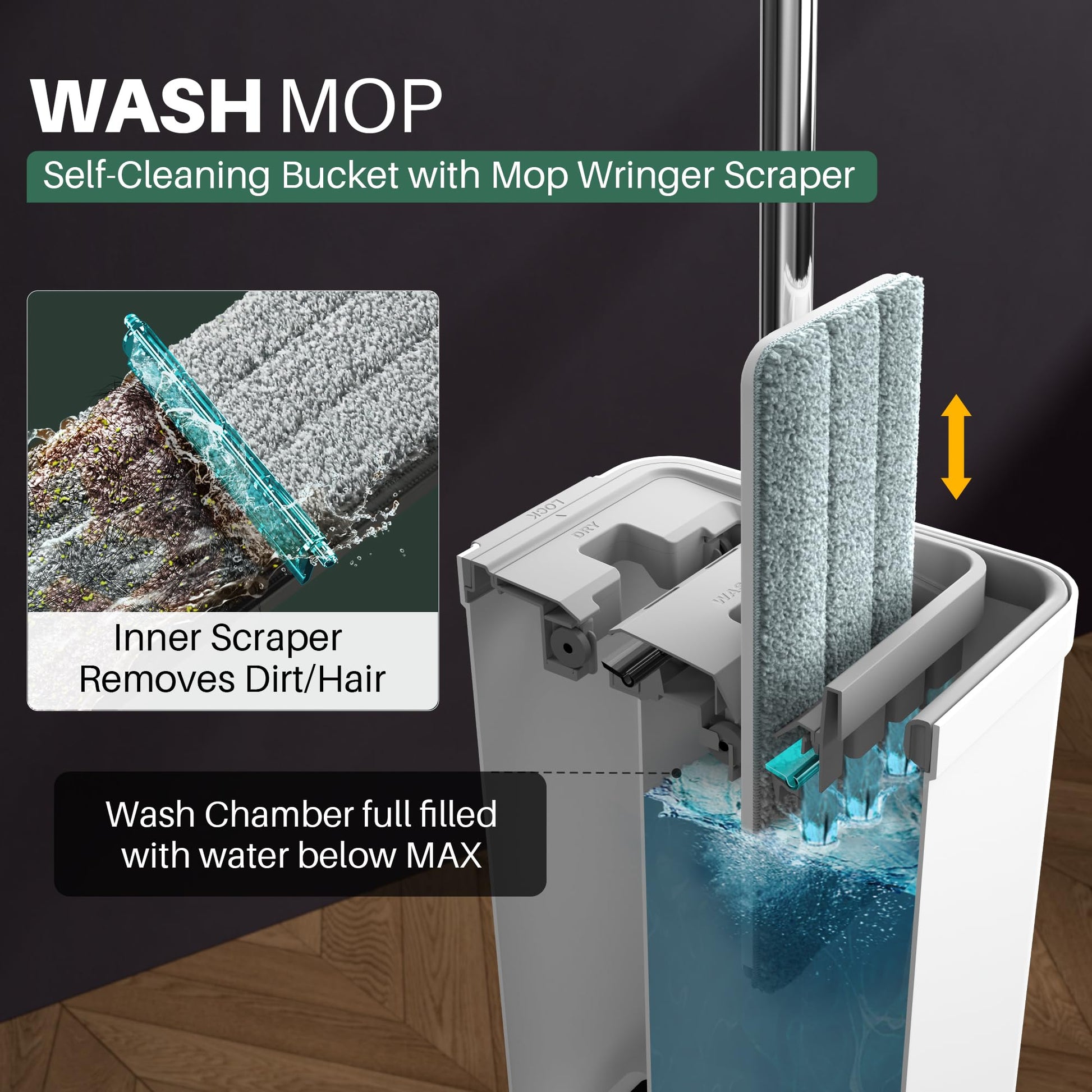 JOYMOOP Mop and Bucket Set with Wringer, Flat Mops for Floor Cleaning, Wall Mop Cleaner with Long Handle, Hardwood Floor Mop with 4 Microfiber Pads - Medaid International