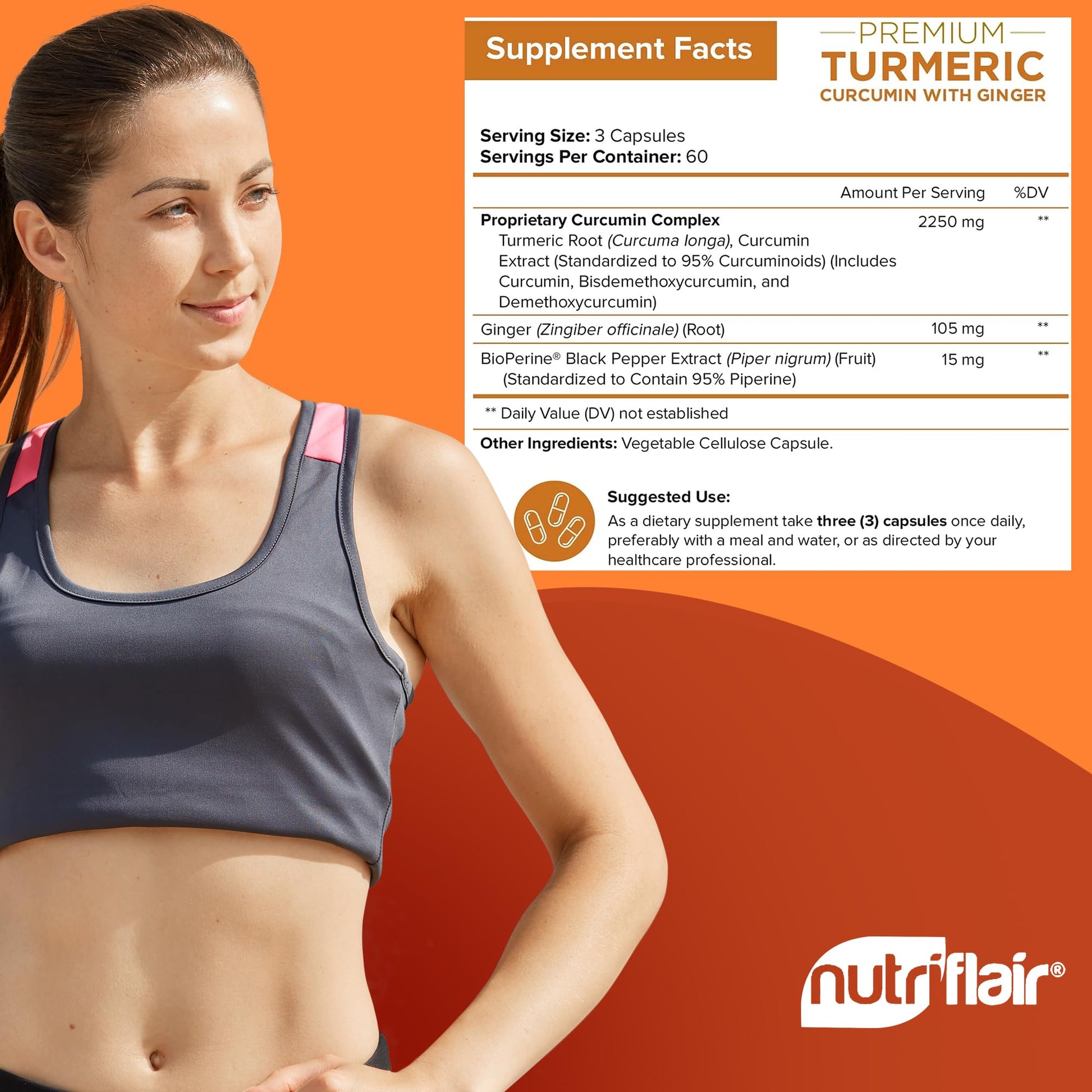 NutriFlair Turmeric Curcumin with Ginger and BioPerine Black Pepper Supplements, 180 Capsules - 95% Curcuminoids - Joint Support, Antioxidant, Anti Aging - Natural, Non-GMO, Vegan Best Maximum Potency - Medaid International