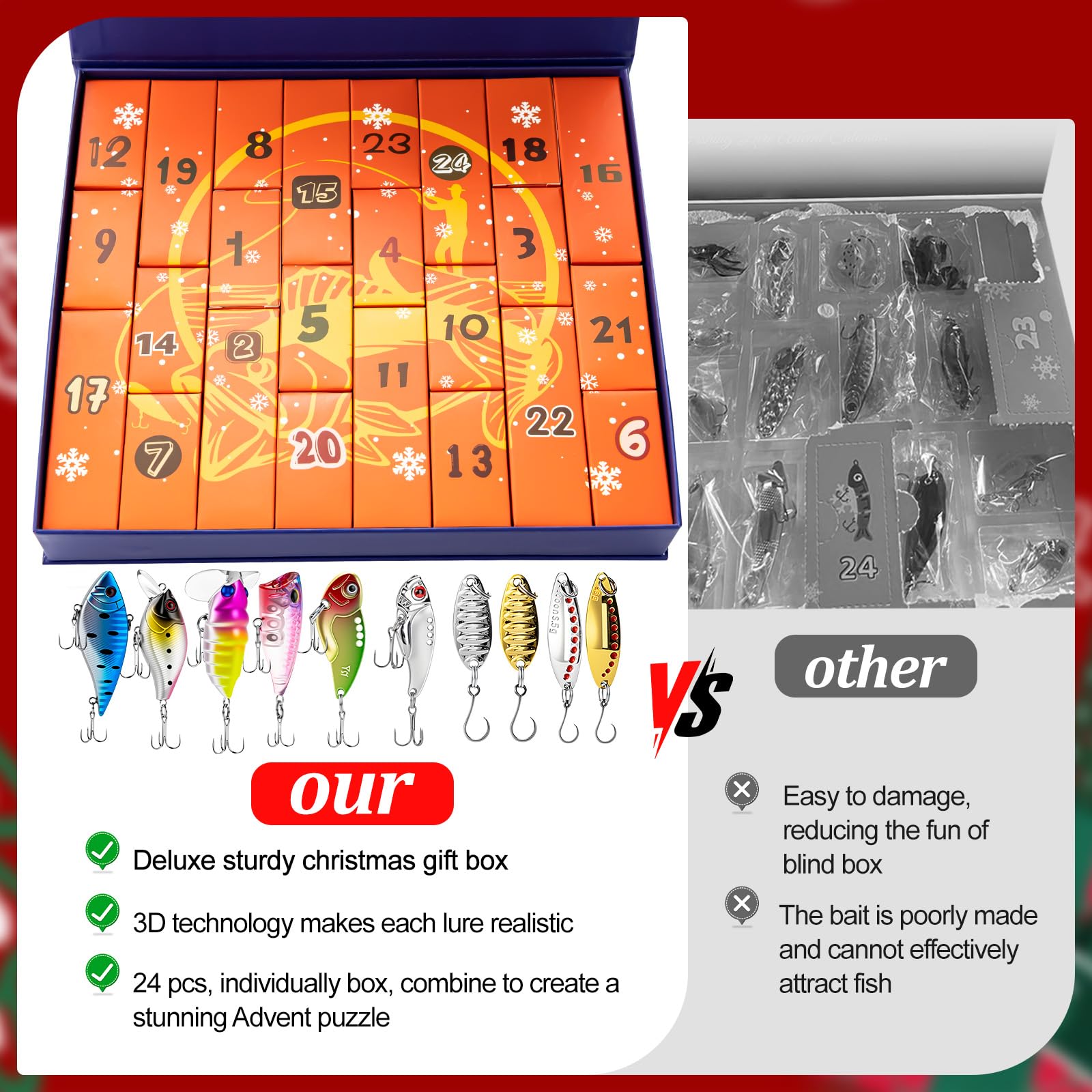 Fishing Advent Calendar 2025 - Christmas Countdown 24 Days Fishing Lures Gifts Set for Adult Men Teen Boys, Xmas Holiday Surprise Gift Advent Calendar - Medaid International