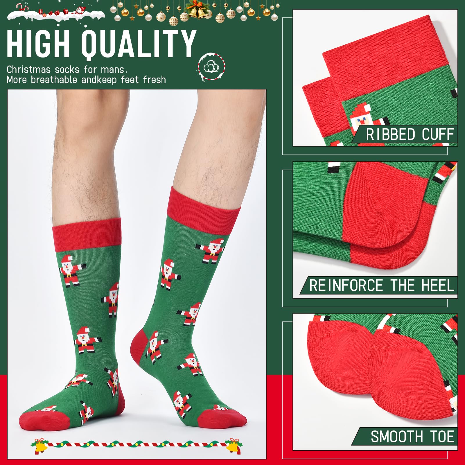 HSELL Mens Fun Patterned Dress Socks Funny Novelty Crazy Design Cotton Socks Gift for Men (4 Pairs - Christmas) - Medaid International