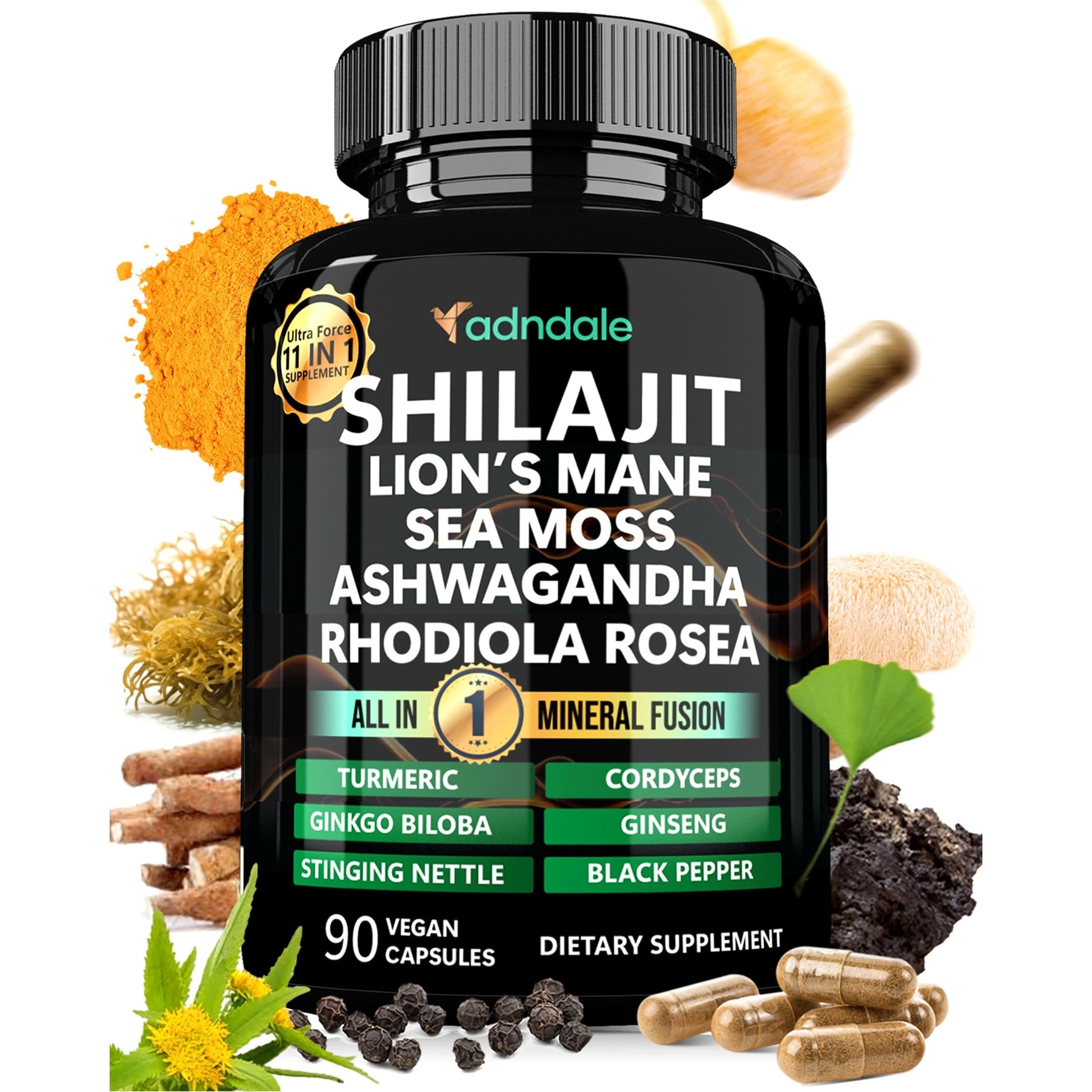 Adndale Shilajit Supplement. Pure Himalayan Organic Shilajit for Men and Women Capsules with Sea Moss Ashwagandha Rhodiola Rosea Lion’s Mane. 90 Count - Medaid International