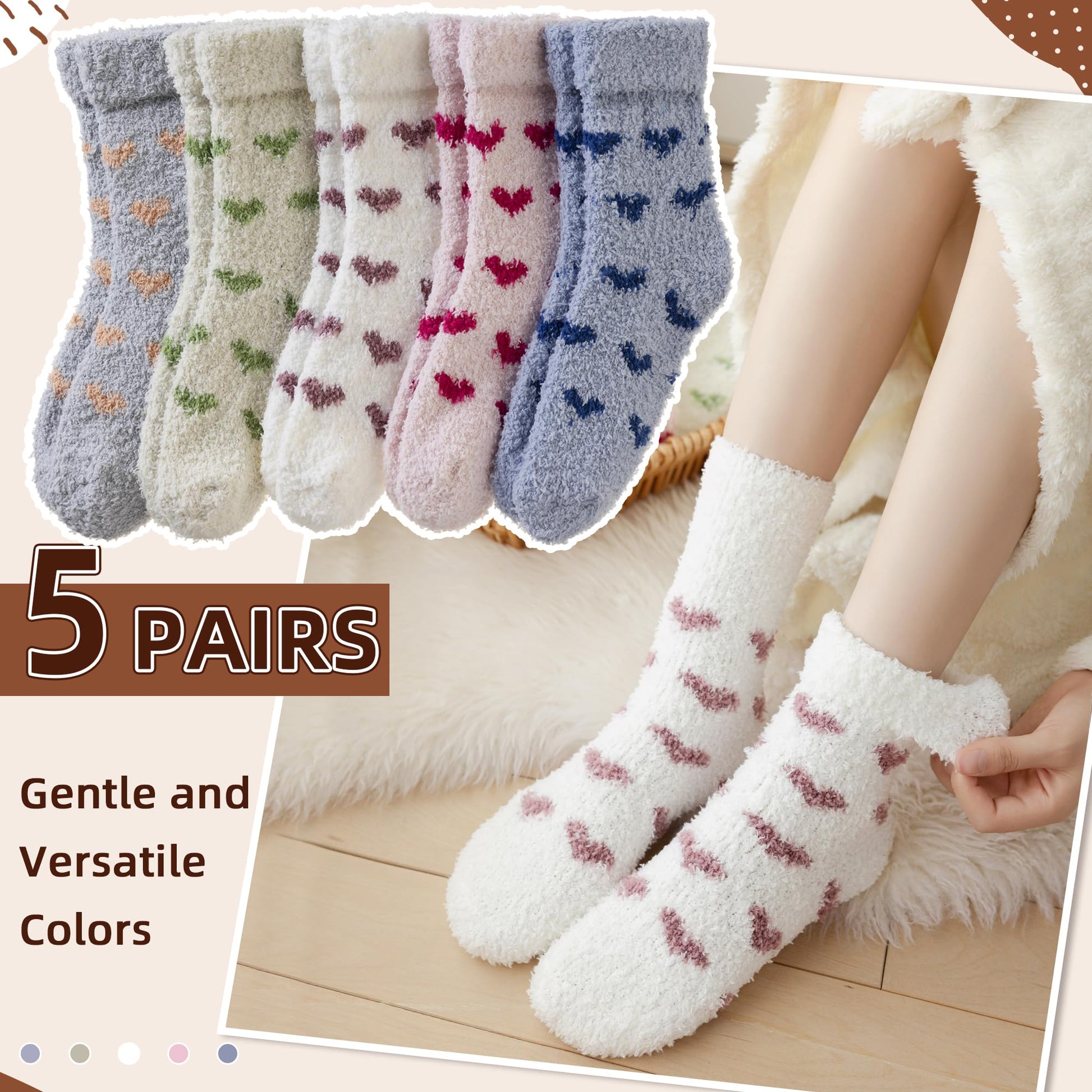 Velice Womens Fuzzy Socks Soft Cozy Fluffy Slipper Winter Warm Plush Sleeping Christmas Socks 5 Pairs(Cute Heart) - Medaid International