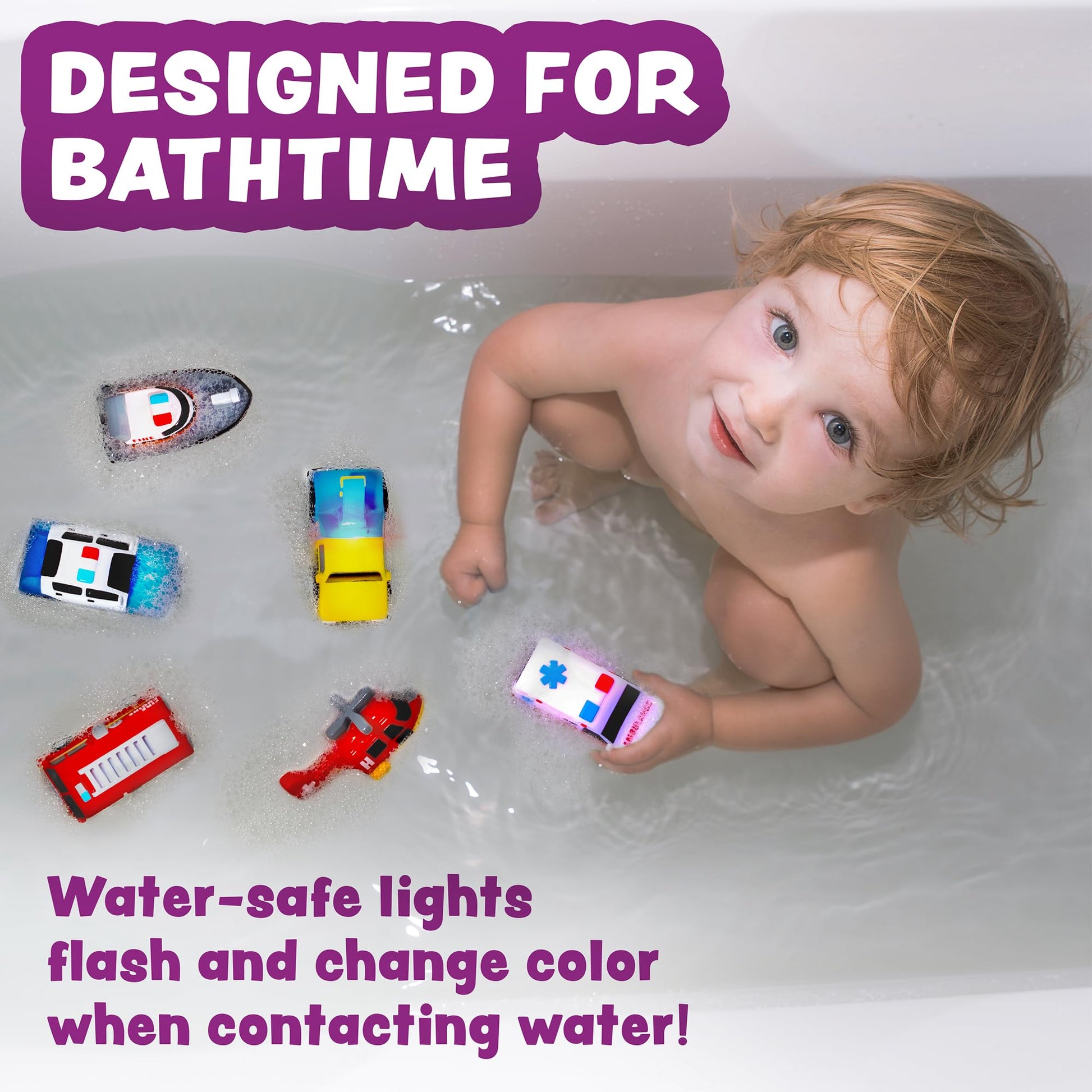 Tub Works® Emergency™ Cars Light Up Bath Toys, 6 Pack | Water-Activated Light Up Toys Flash & Change Color | Soft, Squeezable Baby & Toddler Bath Toys | Sensory Toys with Bath Lights for Kids Bath - Medaid International