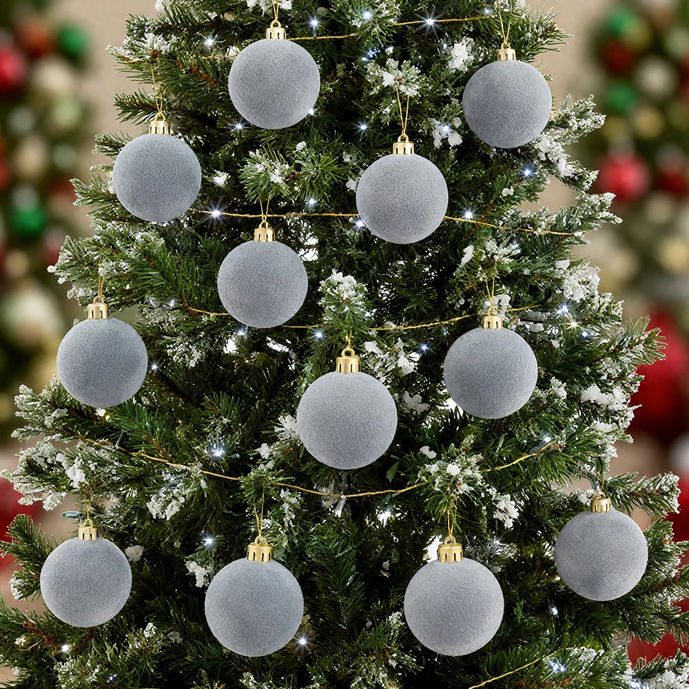 4Pcs Velvet Christmas Ball Ornaments, Grey Hanging Decor for Xmas Tree, Perfect for Holiday Thanksgiving Celebrations Christmas Indoor Home Party Decorations - Medaid International